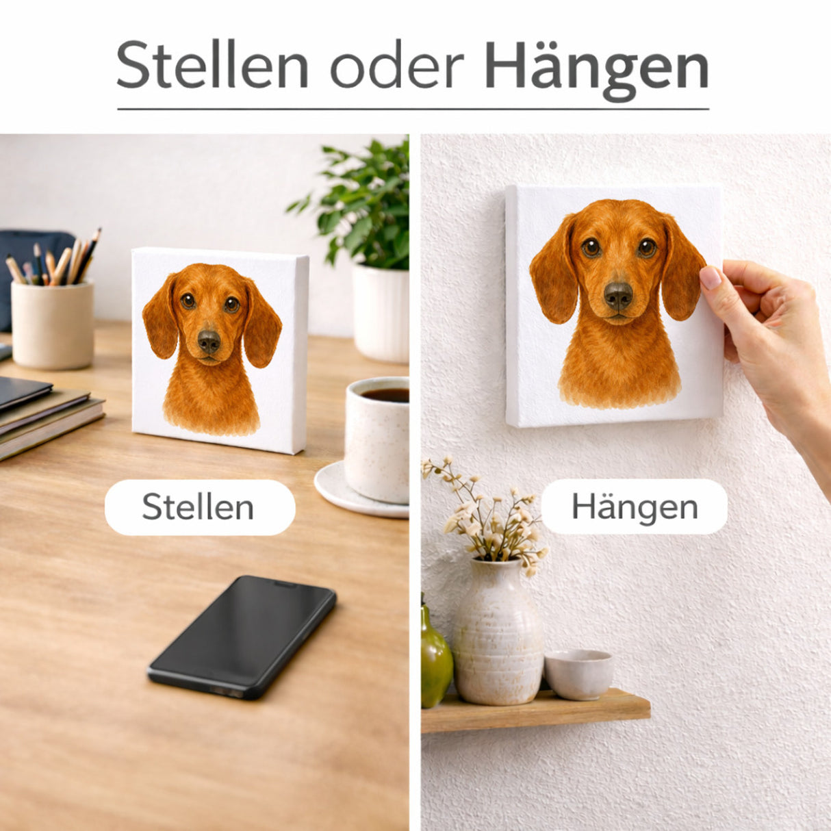 Dackelträume Dackel Portrait Holzbild in 10x10 cm zum Stellen oder Aufhängen