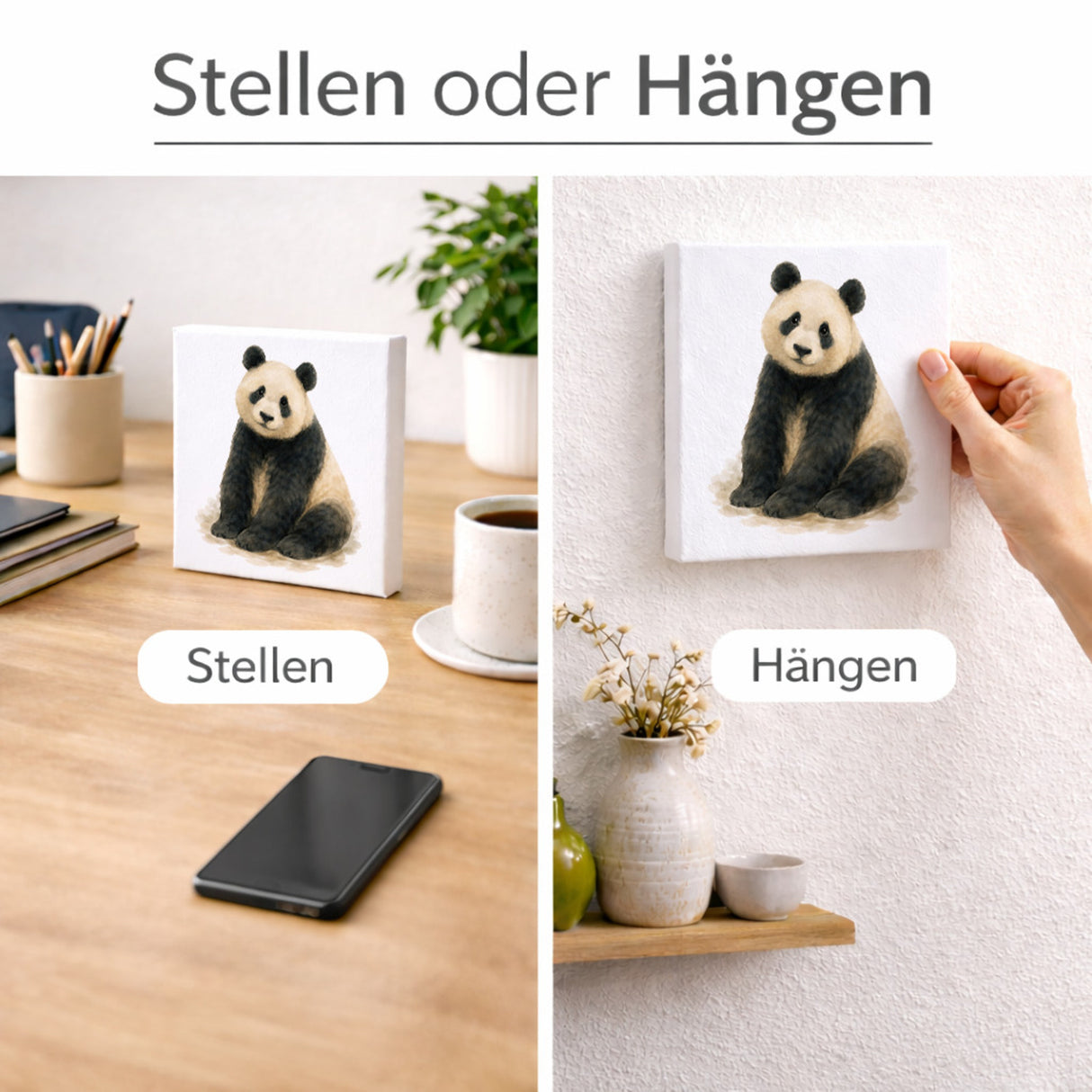 Pandaglück sitzender Panda Holzbild in 10x10 cm zum Stellen oder Aufhängen
