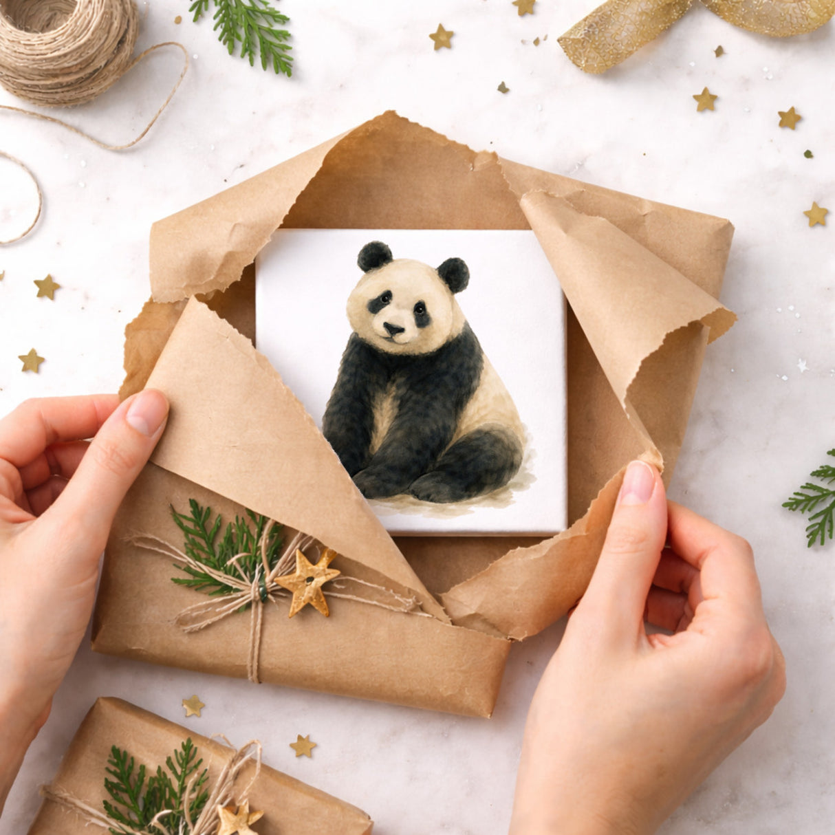 Pandaglück sitzender Panda Holzbild in 10x10 cm zum Stellen oder Aufhängen