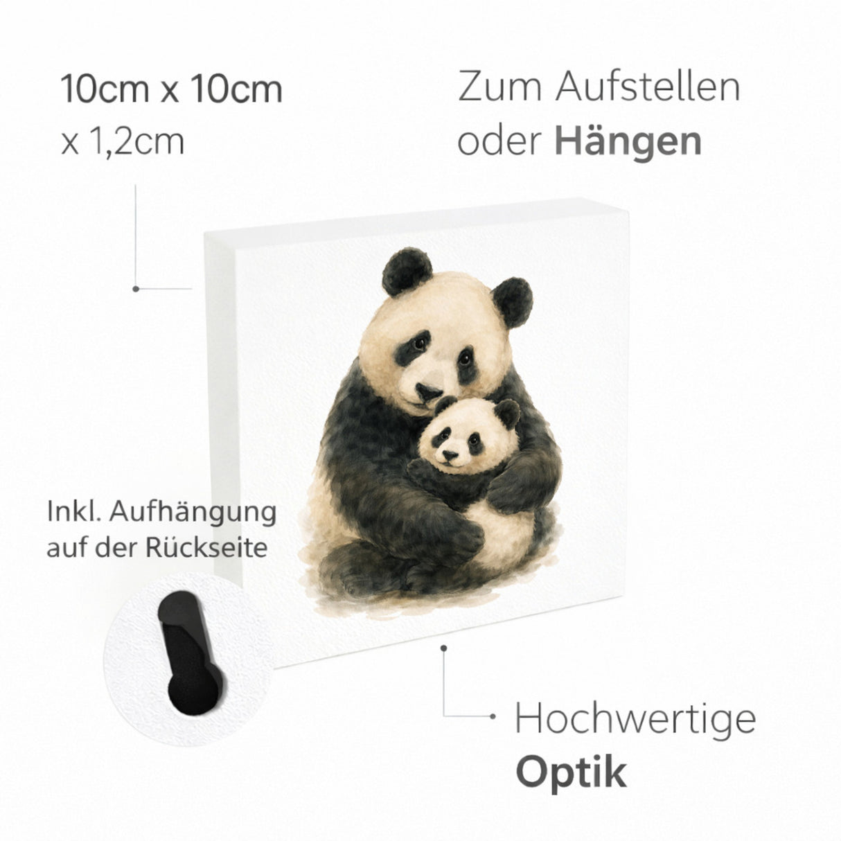 Pandaglück Panda Muttertier Holzbild in 10x10 cm zum Stellen oder Aufhängen