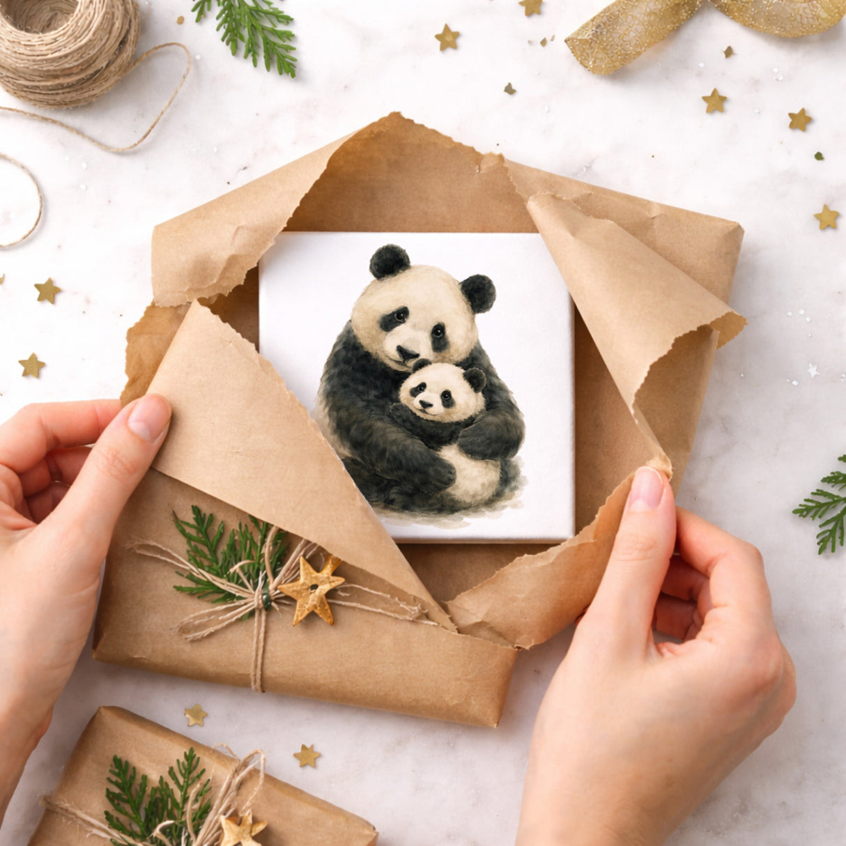 Pandaglück Panda Muttertier Holzbild in 10x10 cm zum Stellen oder Aufhängen