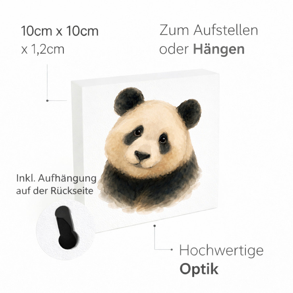 Pandaglück Panda Portrail Holzbild in 10x10 cm zum Stellen oder Aufhängen