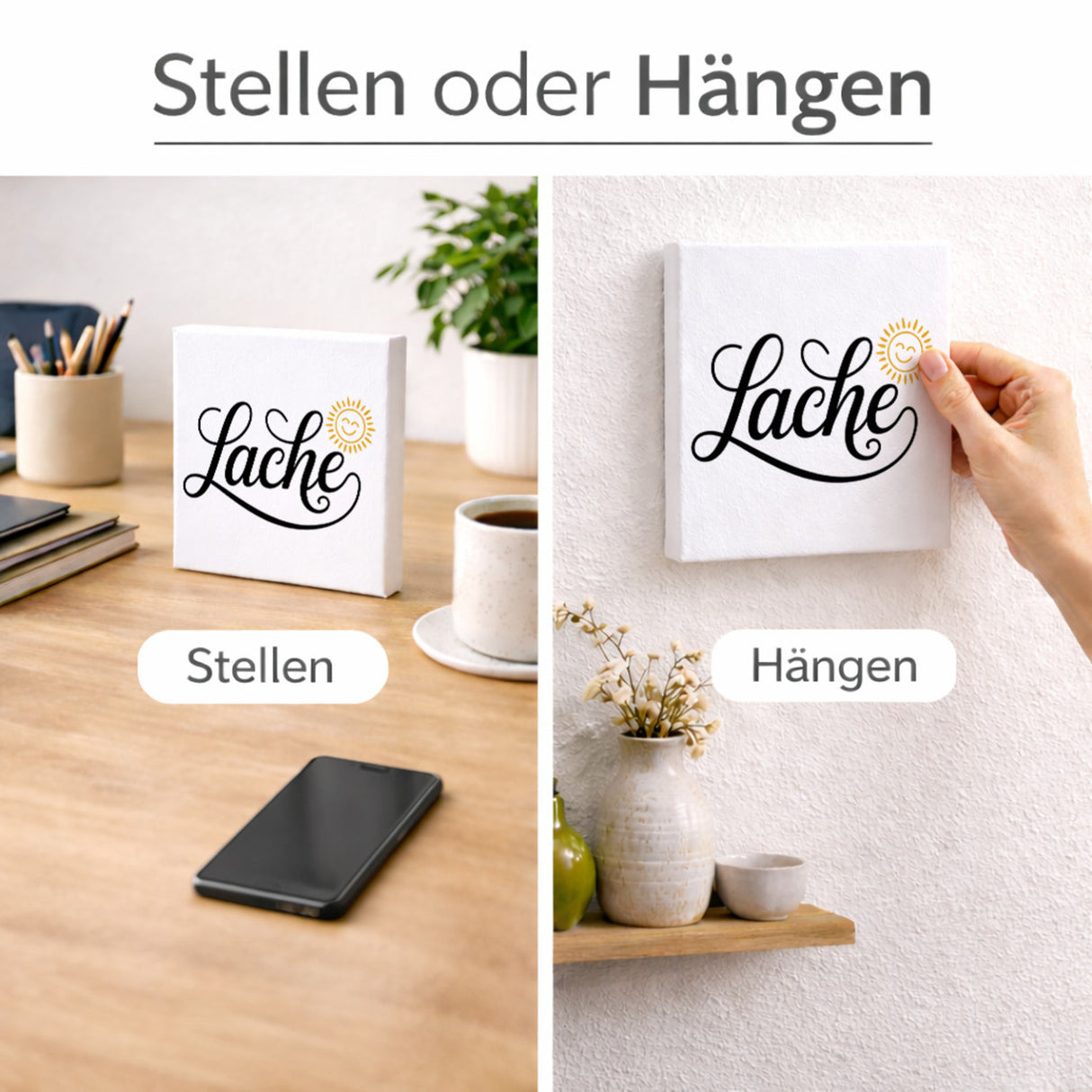 Lebensfreude Lache Holzbild in 10x10 cm zum Stellen oder Aufhängen