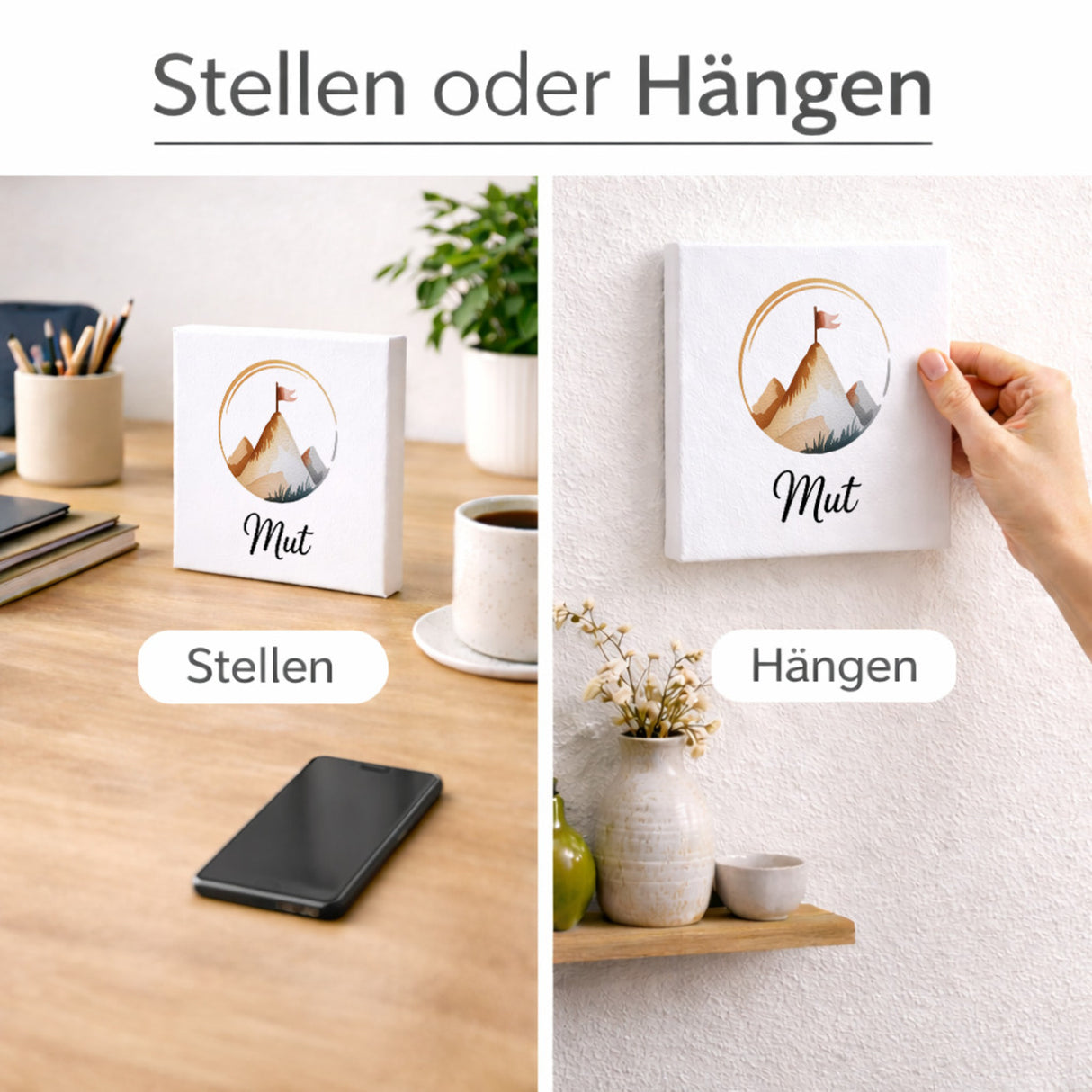 Seelenstärke Berggipfel Holzbild in 10x10 cm zum Stellen oder Aufhängen