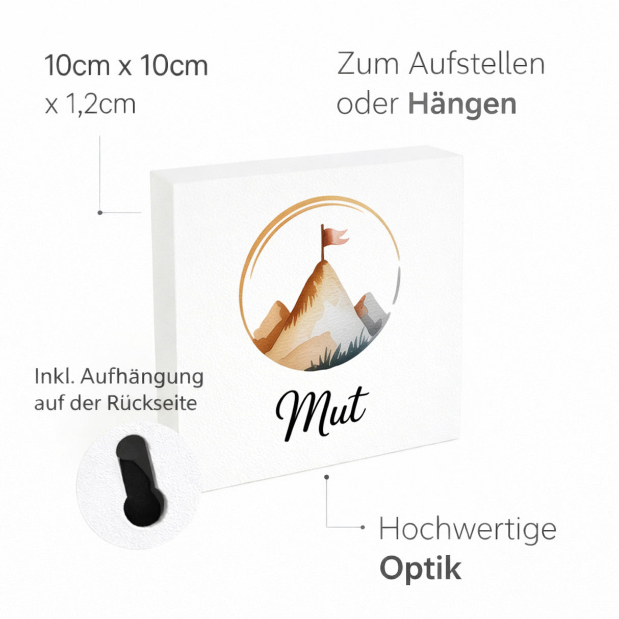 Seelenstärke Berggipfel Holzbild in 10x10 cm zum Stellen oder Aufhängen