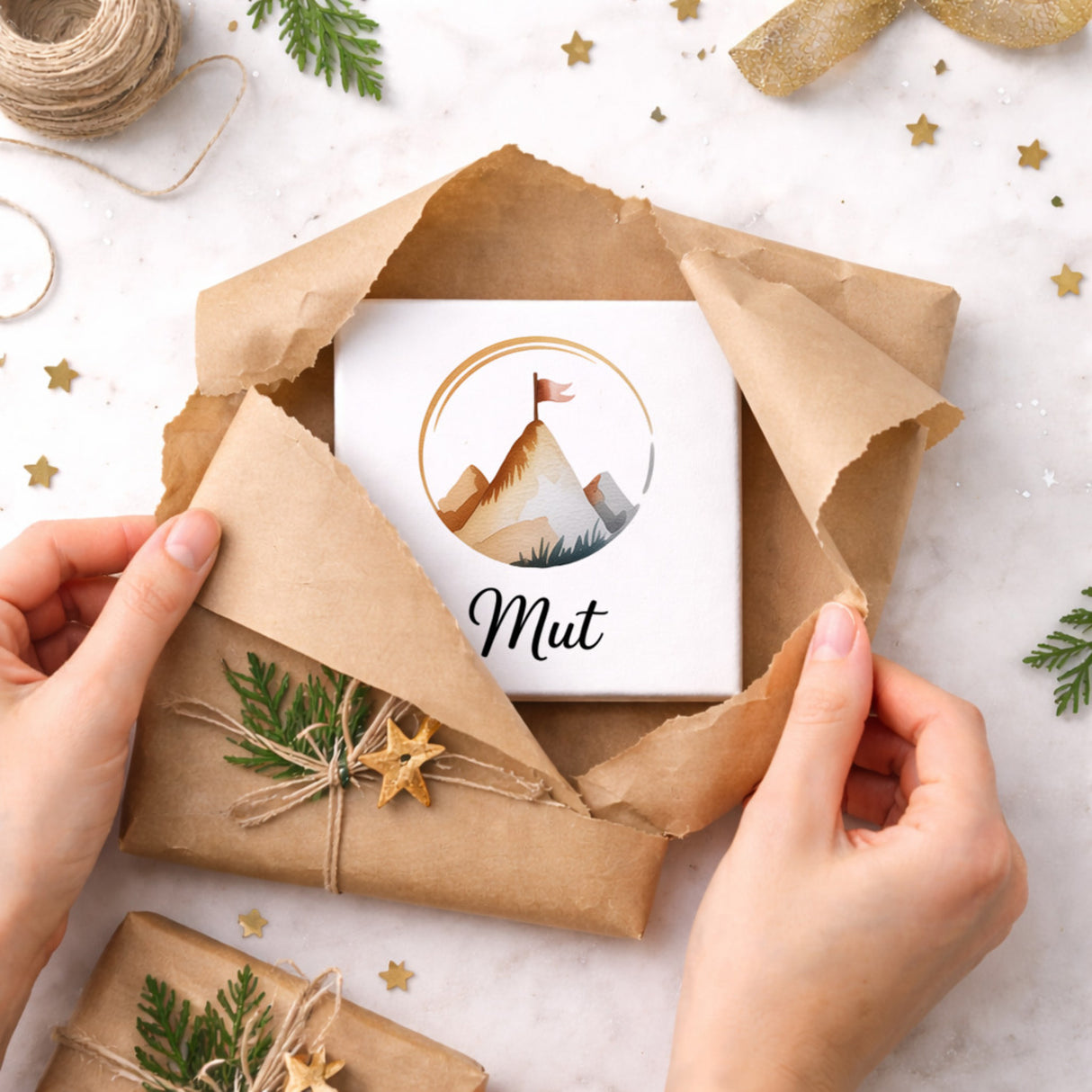 Seelenstärke Berggipfel Holzbild in 10x10 cm zum Stellen oder Aufhängen