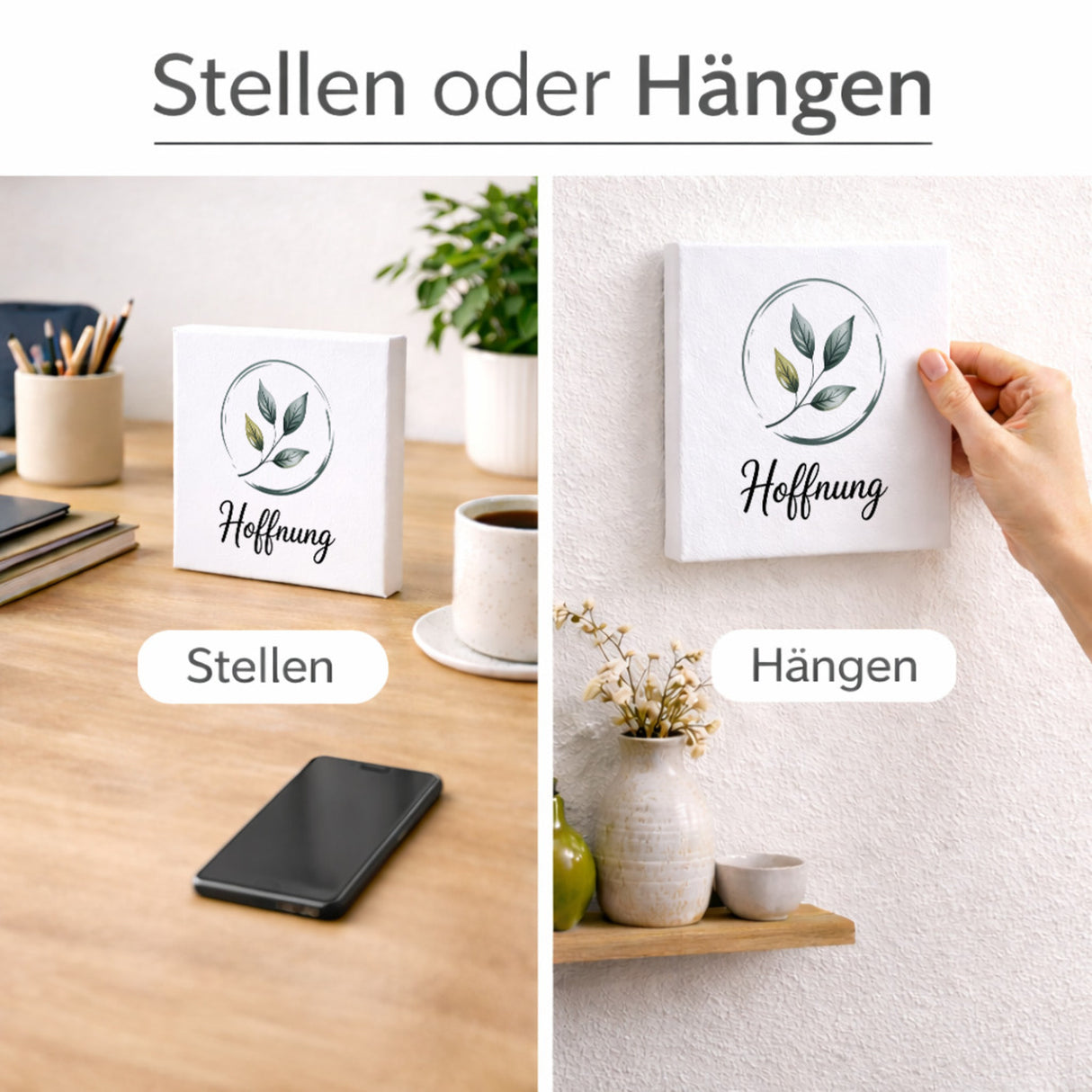 Seelenstärke Blattzweig Holzbild in 10x10 cm zum Stellen oder Aufhängen