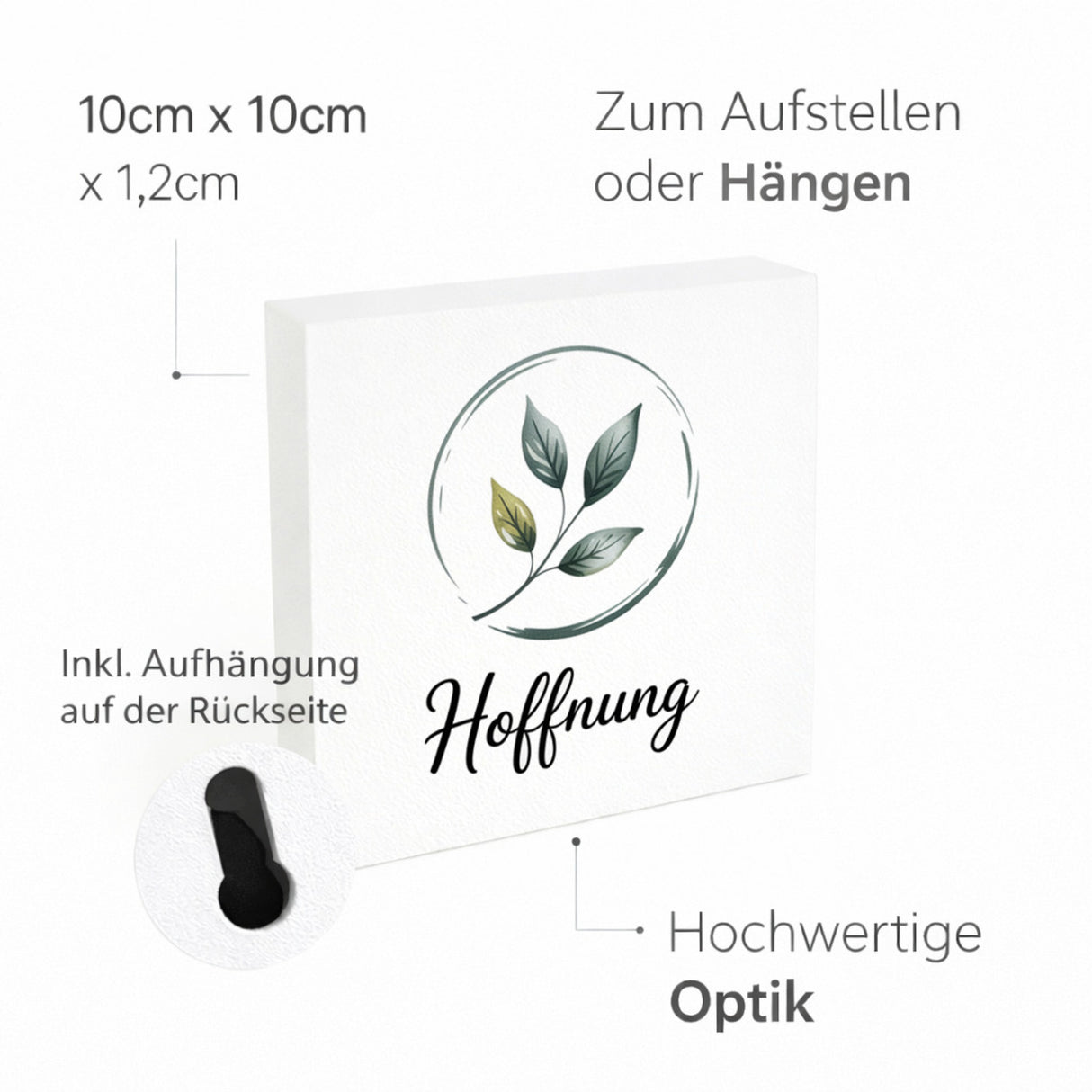 Seelenstärke Blattzweig Holzbild in 10x10 cm zum Stellen oder Aufhängen