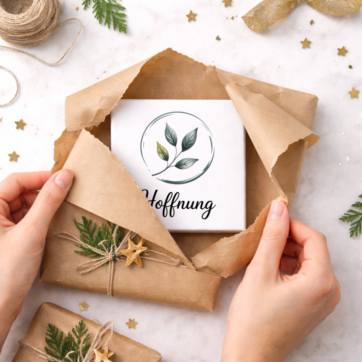 Seelenstärke Blattzweig Holzbild in 10x10 cm zum Stellen oder Aufhängen