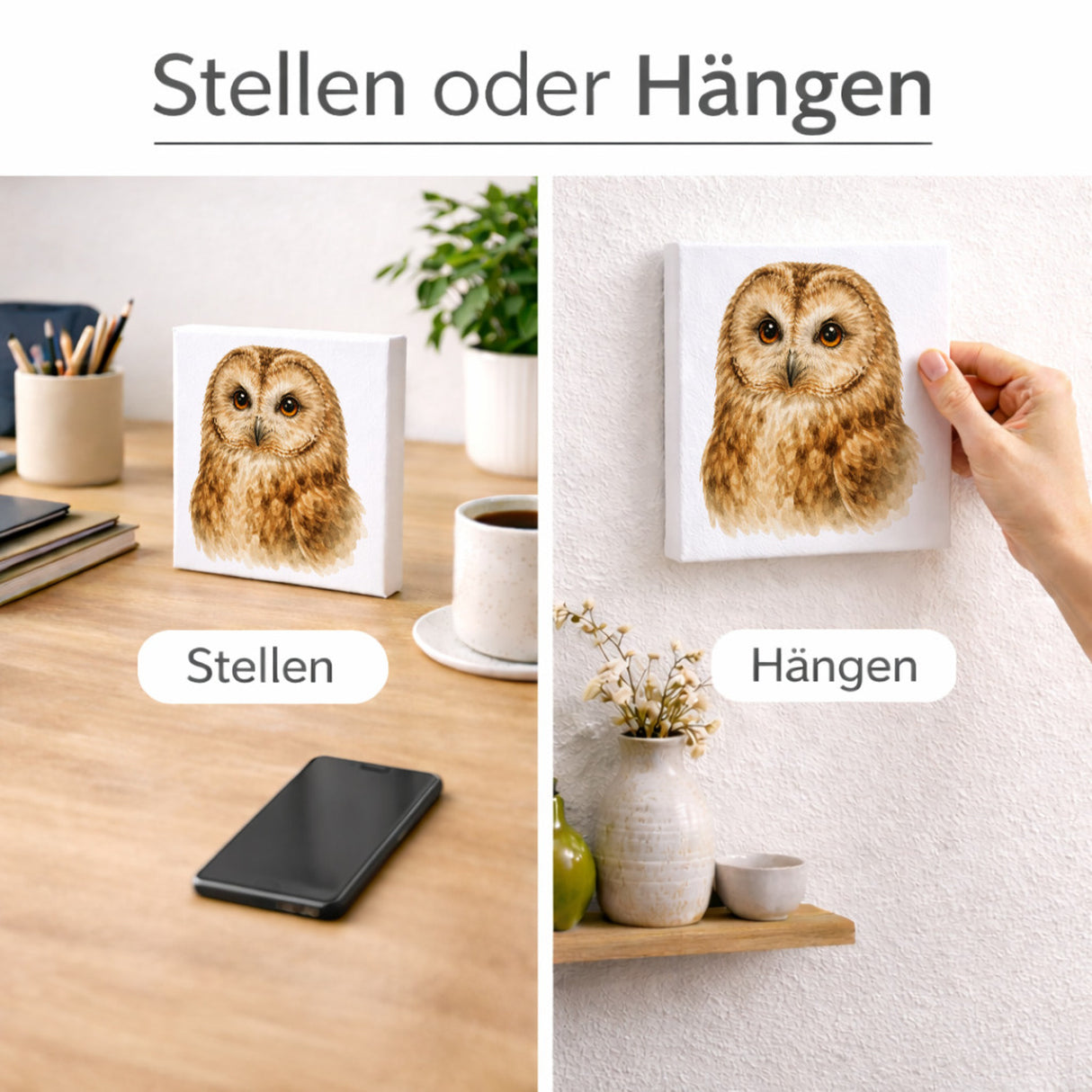 Luft Könige Eulen Porträt Holzbild in 10x10 cm zum Stellen oder Aufhängen