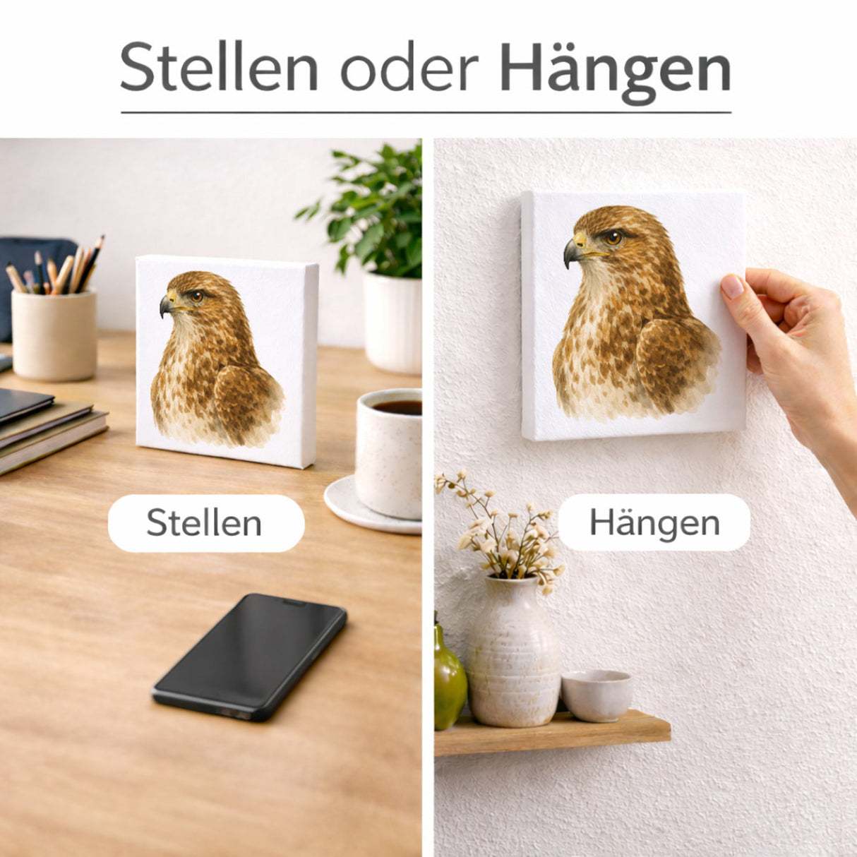 Luft Könige Bussard Porträt Holzbild in 10x10 cm zum Stellen oder Aufhängen