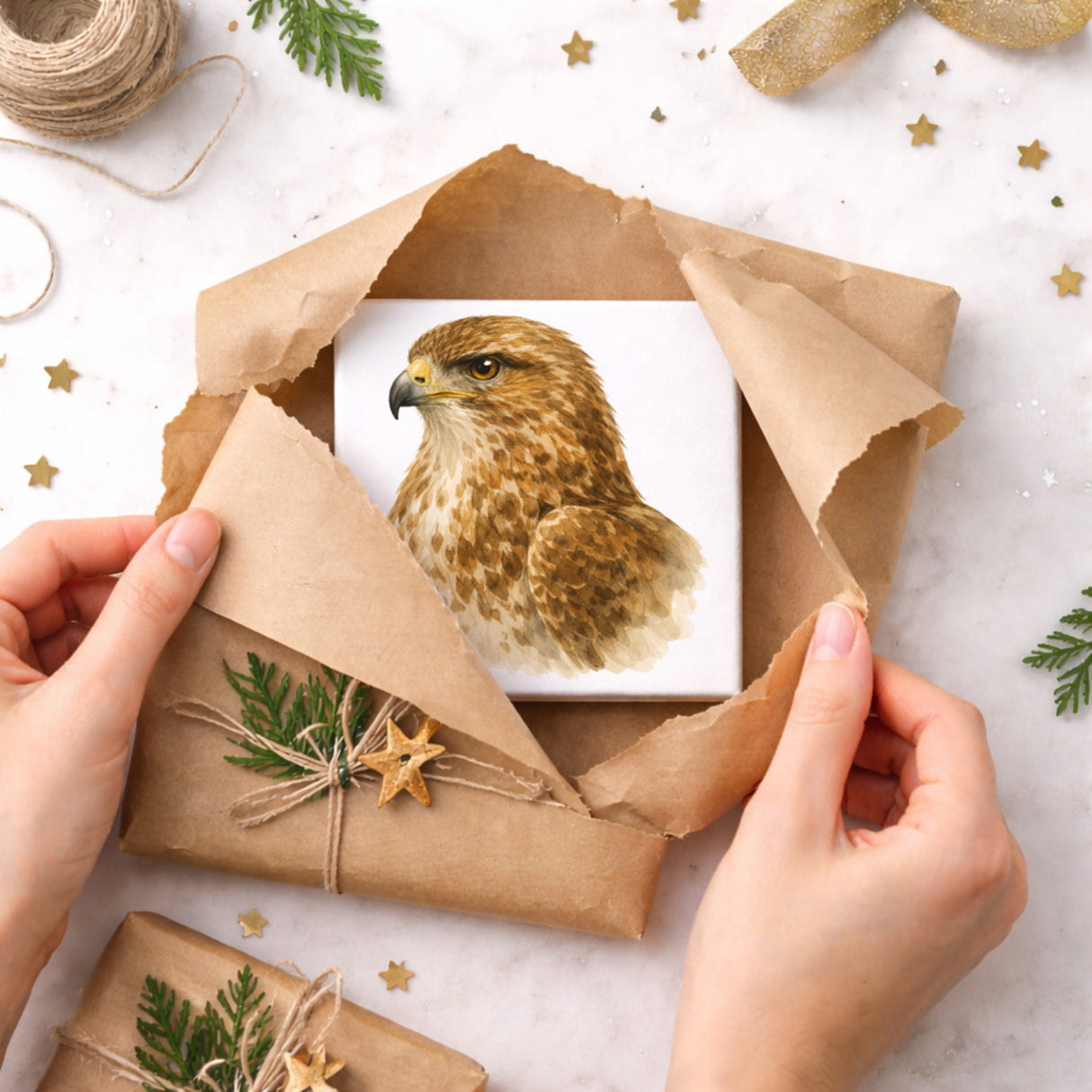 Luft Könige Bussard Porträt Holzbild in 10x10 cm zum Stellen oder Aufhängen