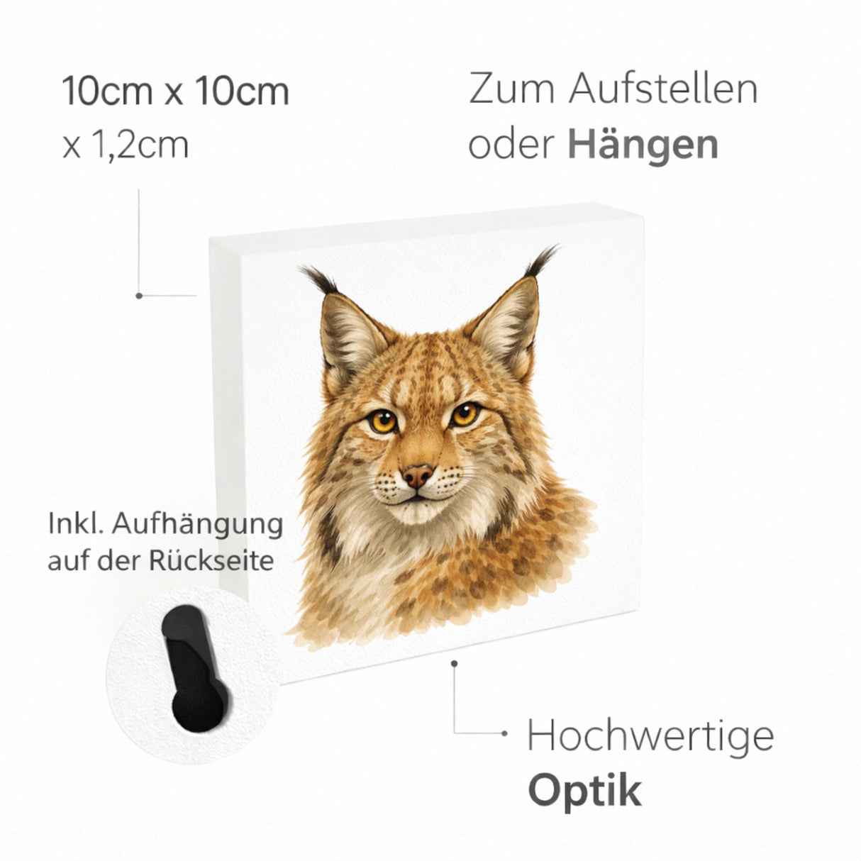 Wild Eyes Luchs Porträt Holzbild in 10x10 cm zum Stellen oder Aufhängen