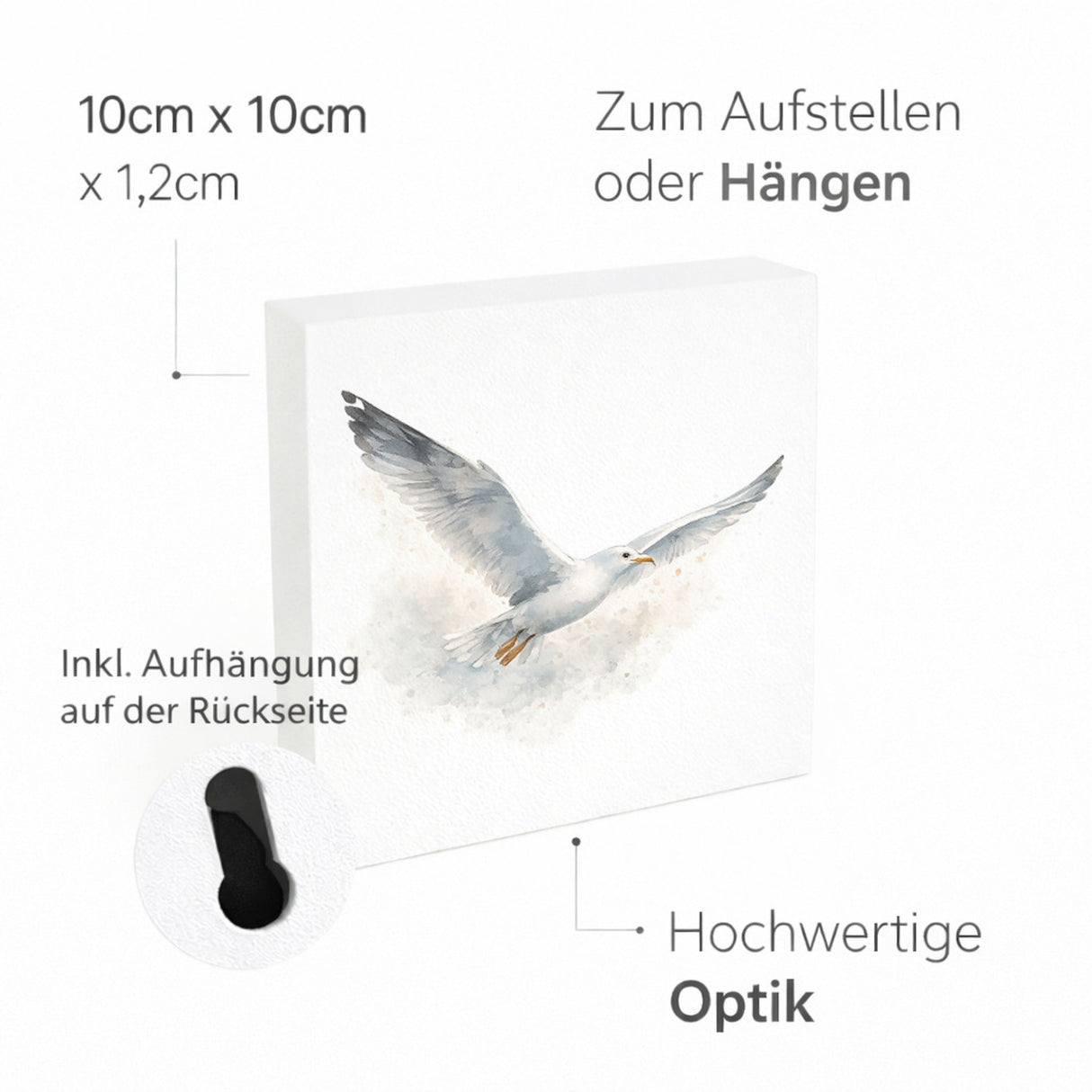 Küstenklänge Möwe Holzbild in 10x10 cm zum Stellen oder Aufhängen