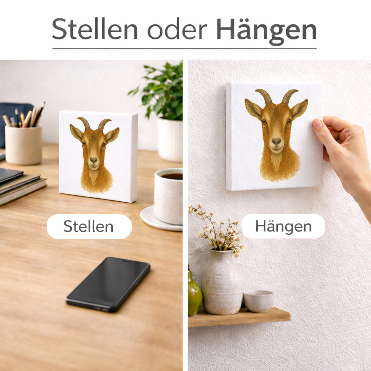 Bauernhof Charme Ziegen Porträt Holzbild in 10x10 cm zum Stellen oder Aufhängen