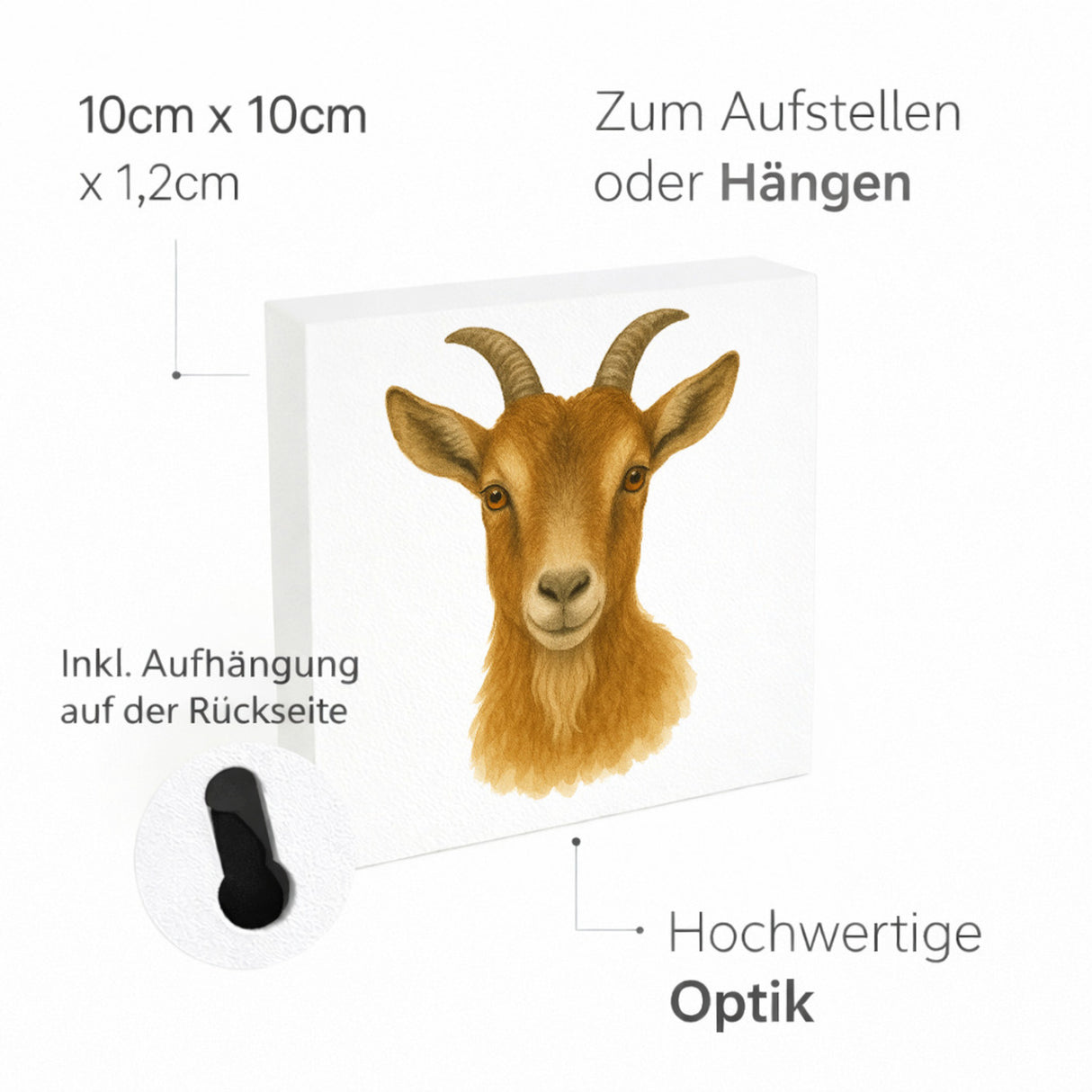 Bauernhof Charme Ziegen Porträt Holzbild in 10x10 cm zum Stellen oder Aufhängen