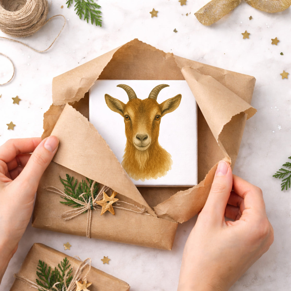 Bauernhof Charme Ziegen Porträt Holzbild in 10x10 cm zum Stellen oder Aufhängen
