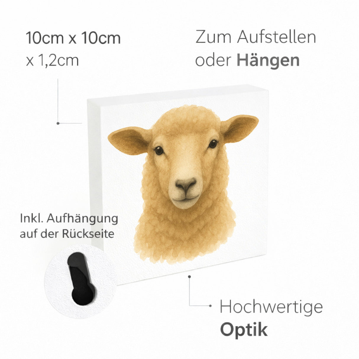 Bauernhof Charme Schaf Porträt Holzbild in 10x10 cm zum Stellen oder Aufhängen