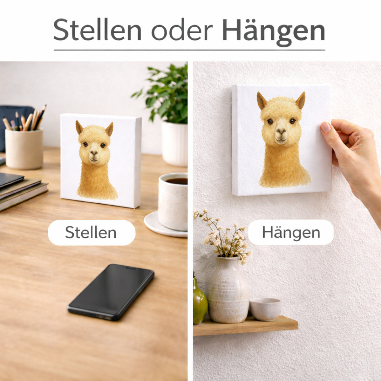 Bauernhof Charme Alpaka Porträt Holzbild in 10x10 cm zum Stellen oder Aufhängen