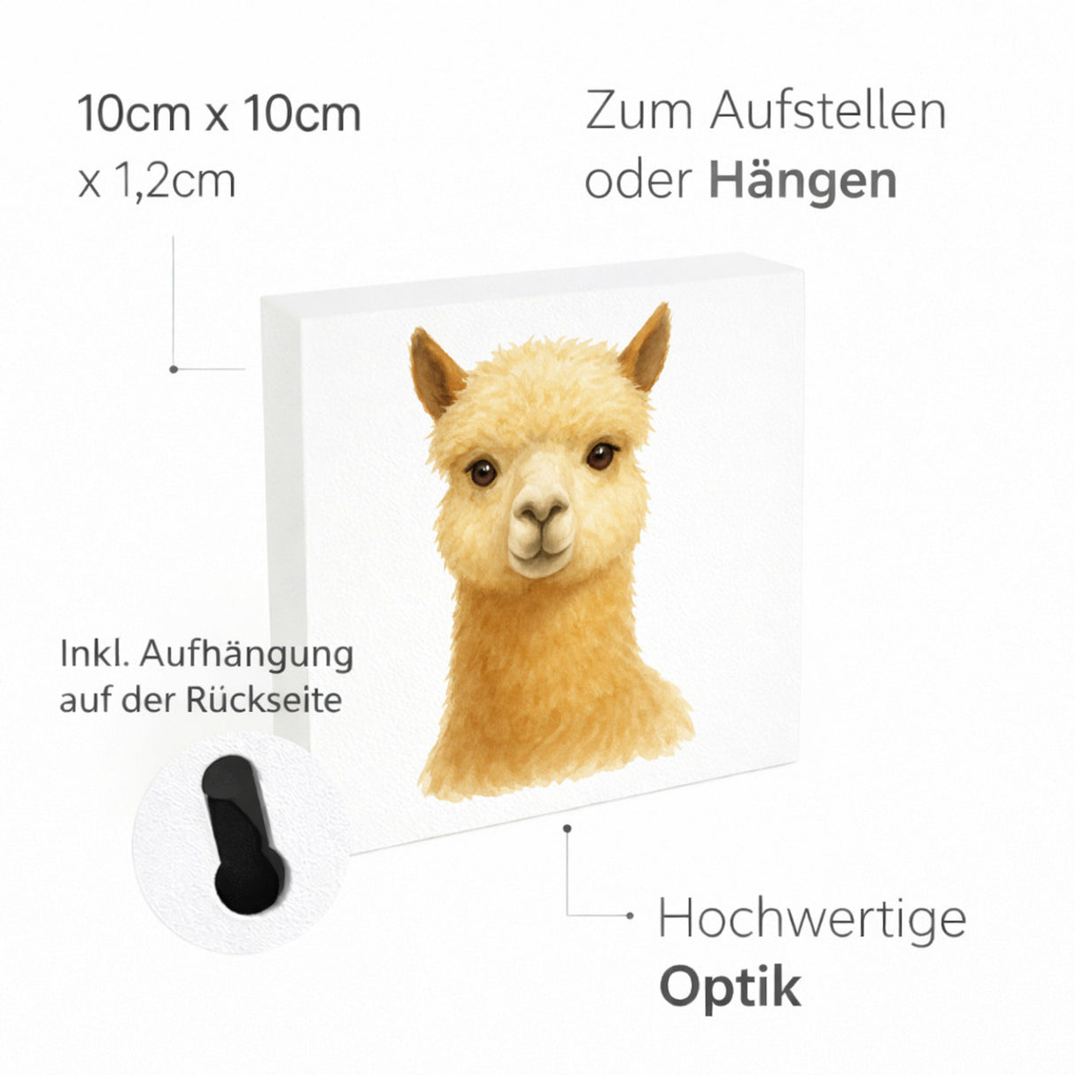 Bauernhof Charme Alpaka Porträt Holzbild in 10x10 cm zum Stellen oder Aufhängen
