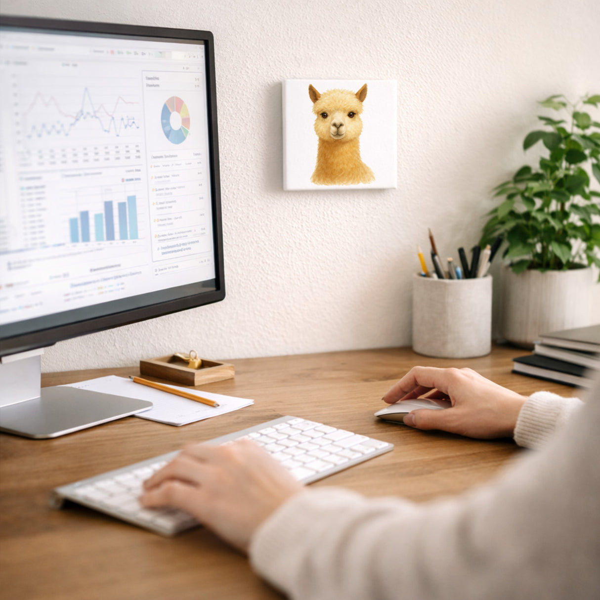 Bauernhof Charme Alpaka Porträt Holzbild in 10x10 cm zum Stellen oder Aufhängen