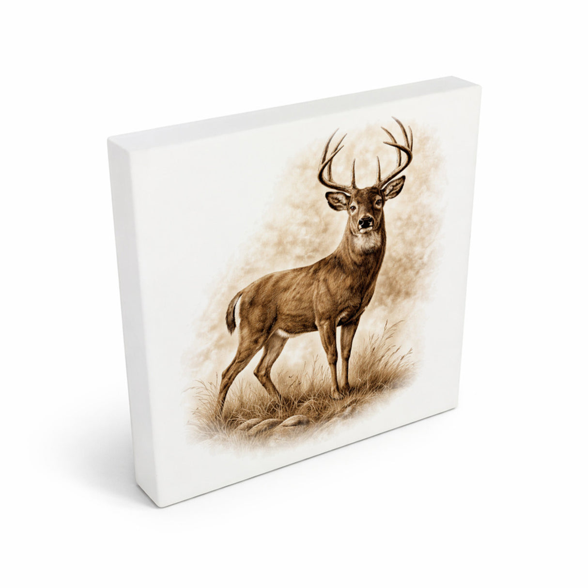 Wald Schönheit Hirsch im Gras Holzbild in 10x10 cm zum Stellen oder Aufhängen