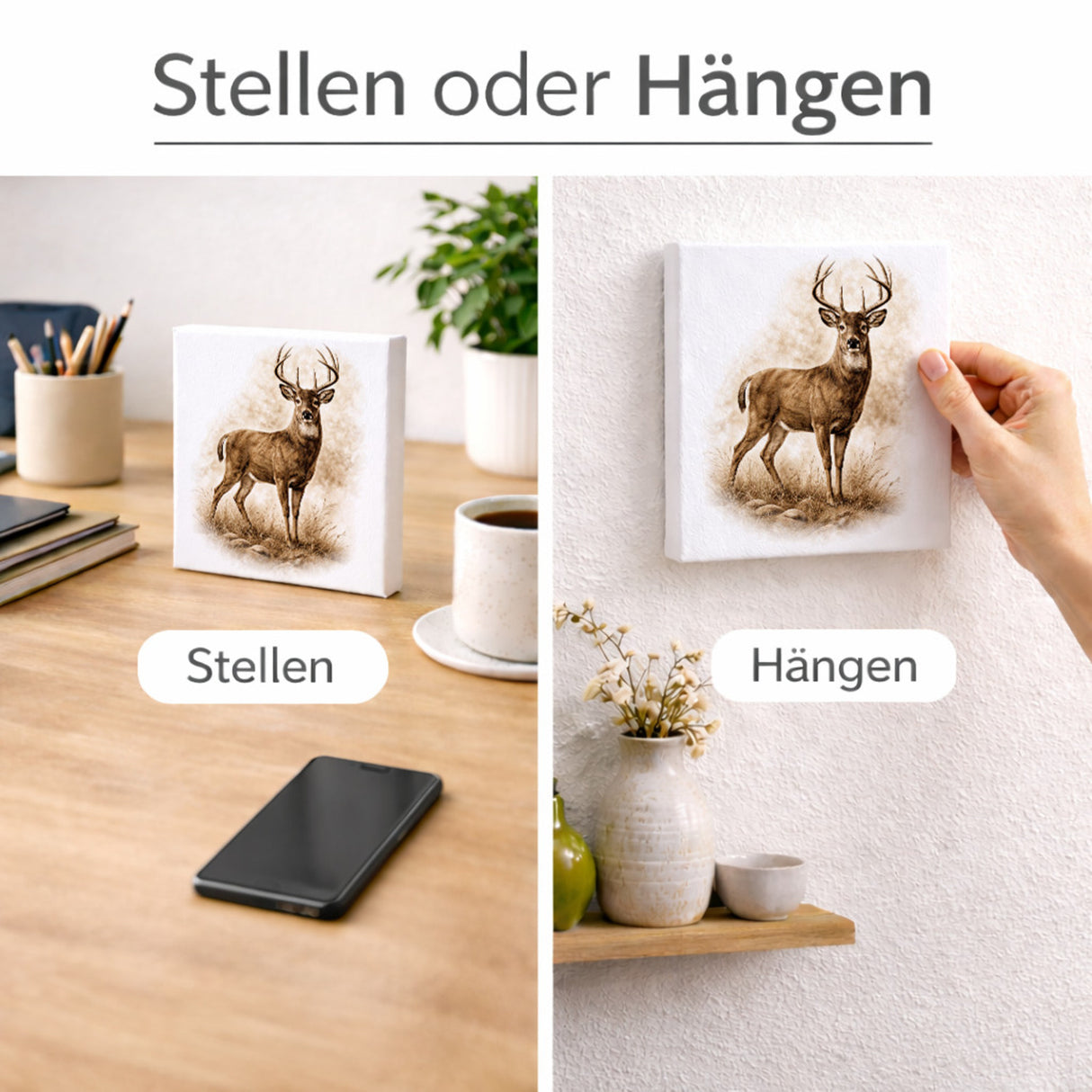 Wald Schönheit Hirsch im Gras Holzbild in 10x10 cm zum Stellen oder Aufhängen