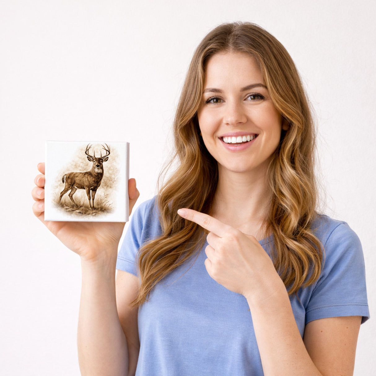 Wald Schönheit Hirsch im Gras Holzbild in 10x10 cm zum Stellen oder Aufhängen