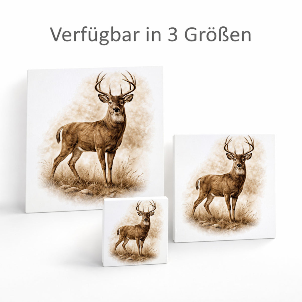 Wald Schönheit Hirsch im Gras Holzbild in 10x10 cm zum Stellen oder Aufhängen