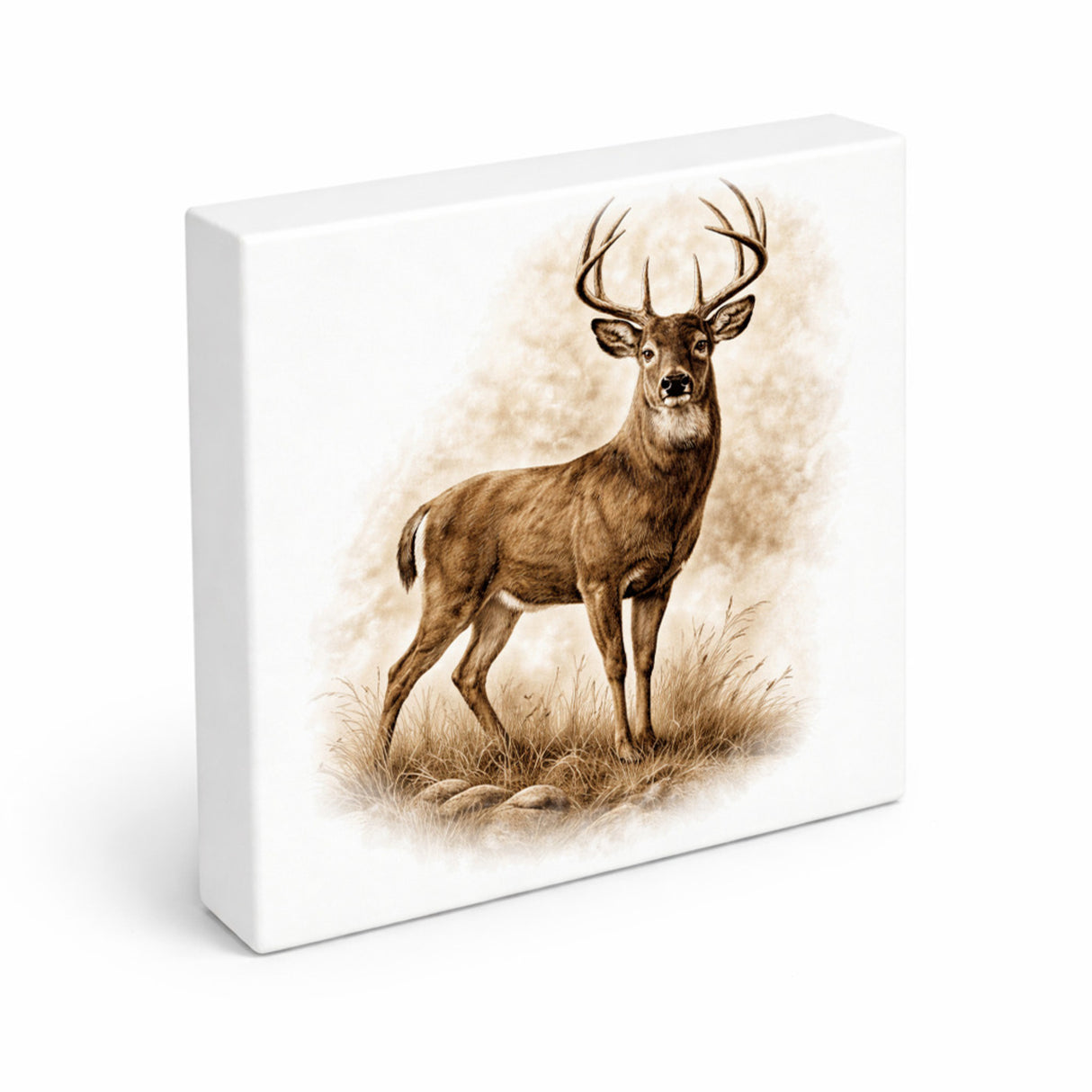 Wald Schönheit Hirsch im Gras Holzbild in 10x10 cm zum Stellen oder Aufhängen