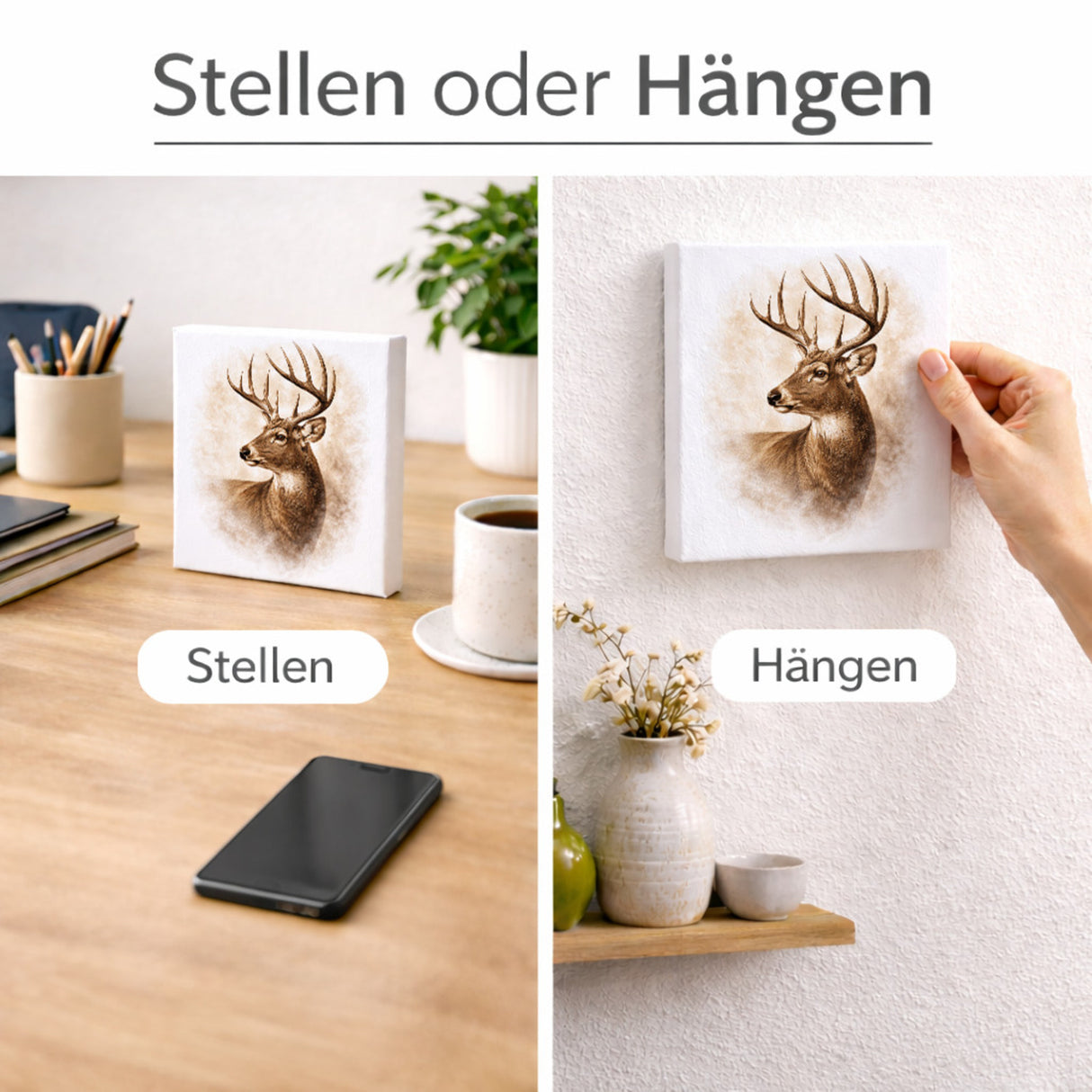 Wald Schönheit Hirschkopf Holzbild in 10x10 cm zum Stellen oder Aufhängen