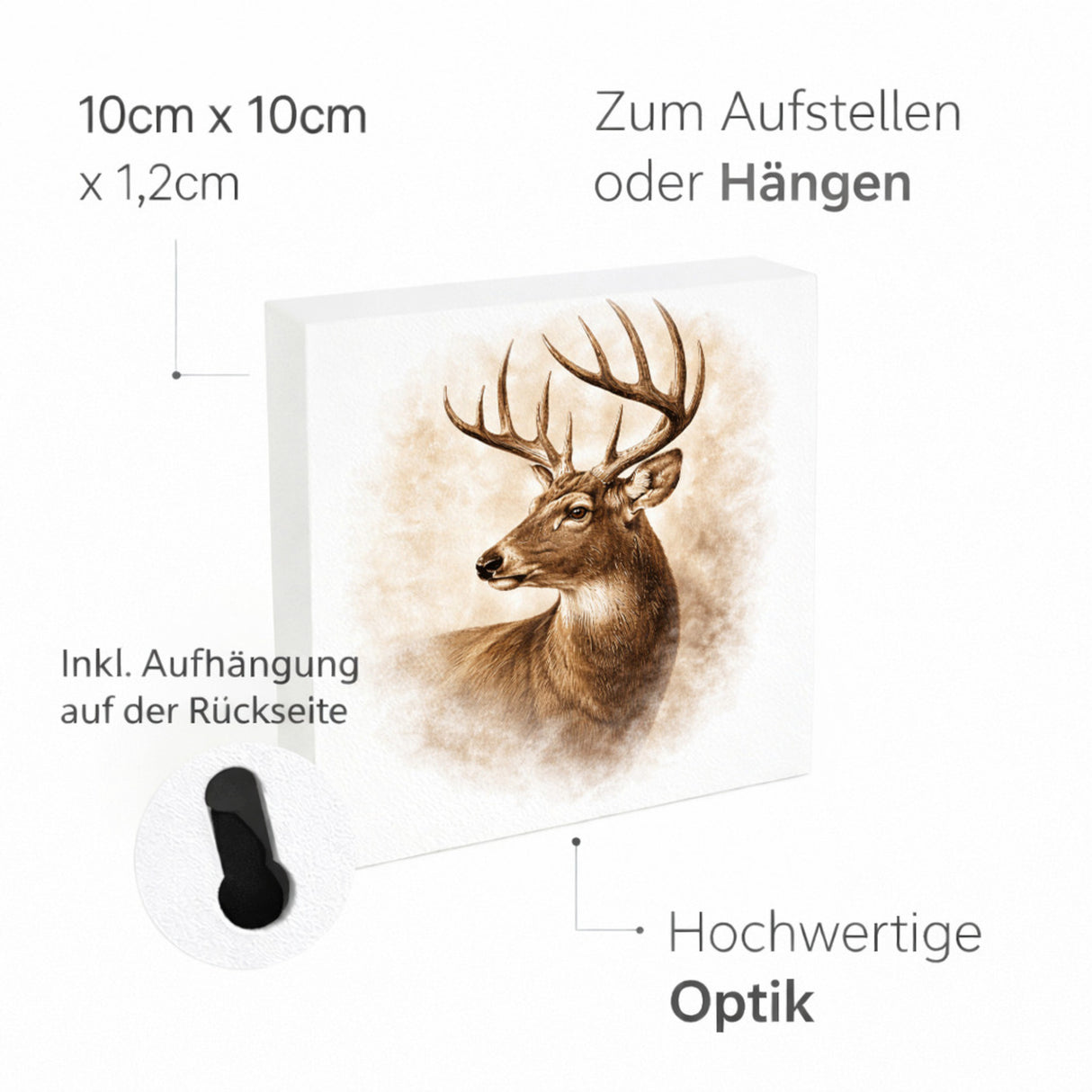 Wald Schönheit Hirschkopf Holzbild in 10x10 cm zum Stellen oder Aufhängen