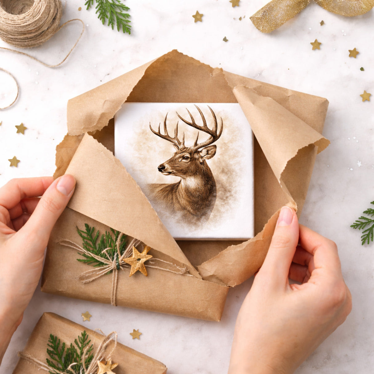 Wald Schönheit Hirschkopf Holzbild in 10x10 cm zum Stellen oder Aufhängen