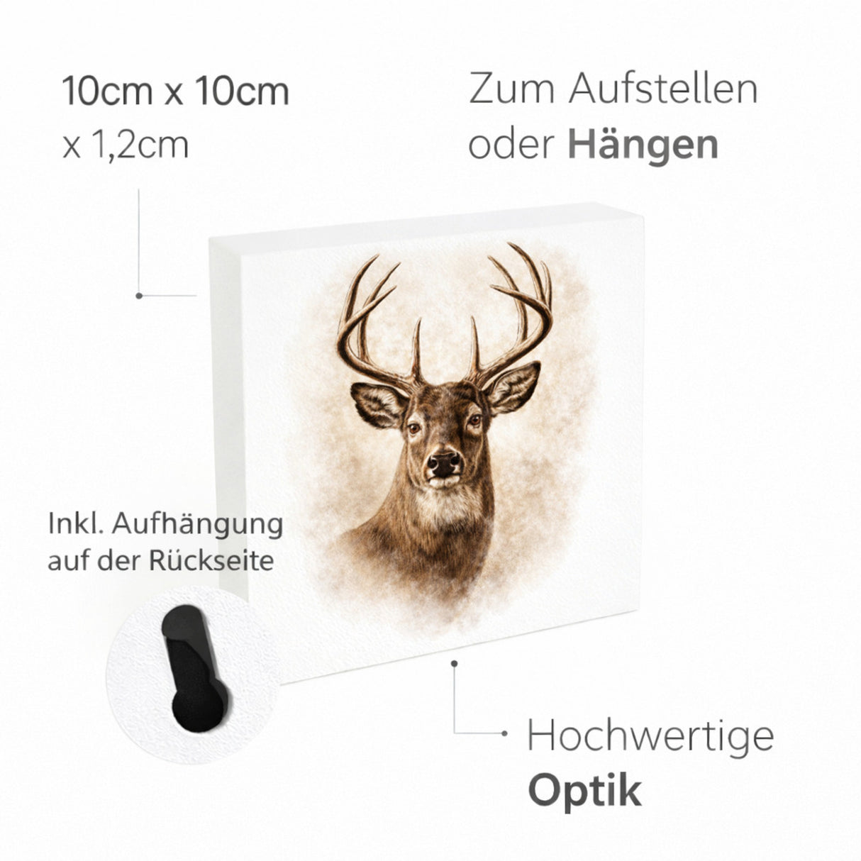 Wald Schönheit Hirschkopf Porträt Holzbild in 10x10 cm zum Stellen oder Aufhängen