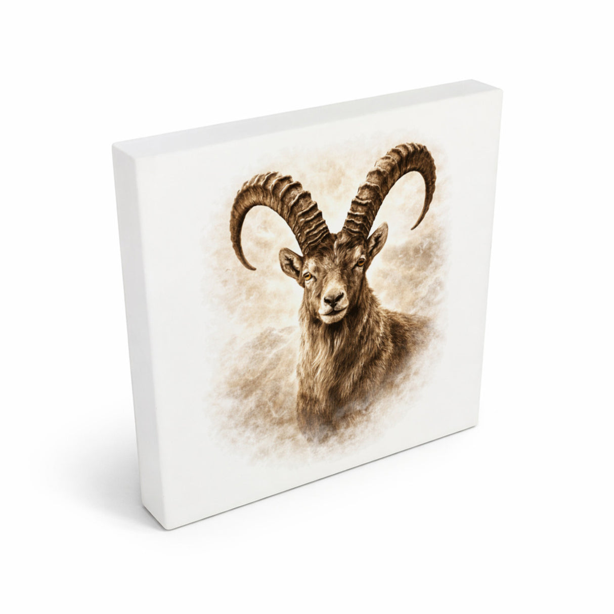 Wild and Free Steinbock Porträt Holzbild in 10x10 cm zum Stellen oder Aufhängen