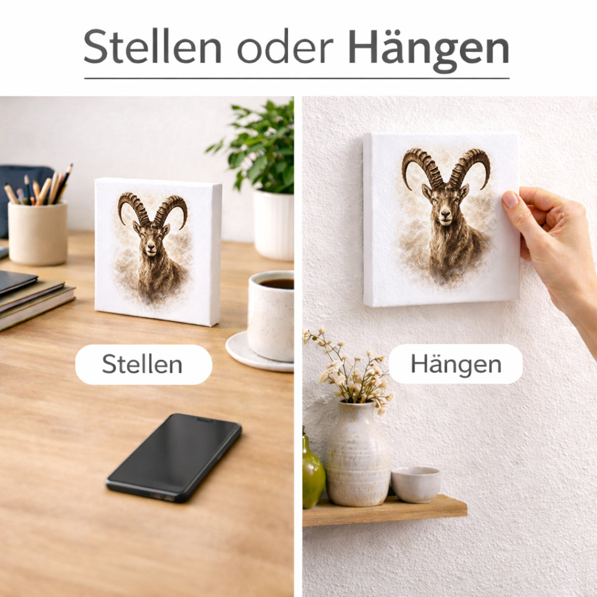 Wild and Free Steinbock Porträt Holzbild in 10x10 cm zum Stellen oder Aufhängen