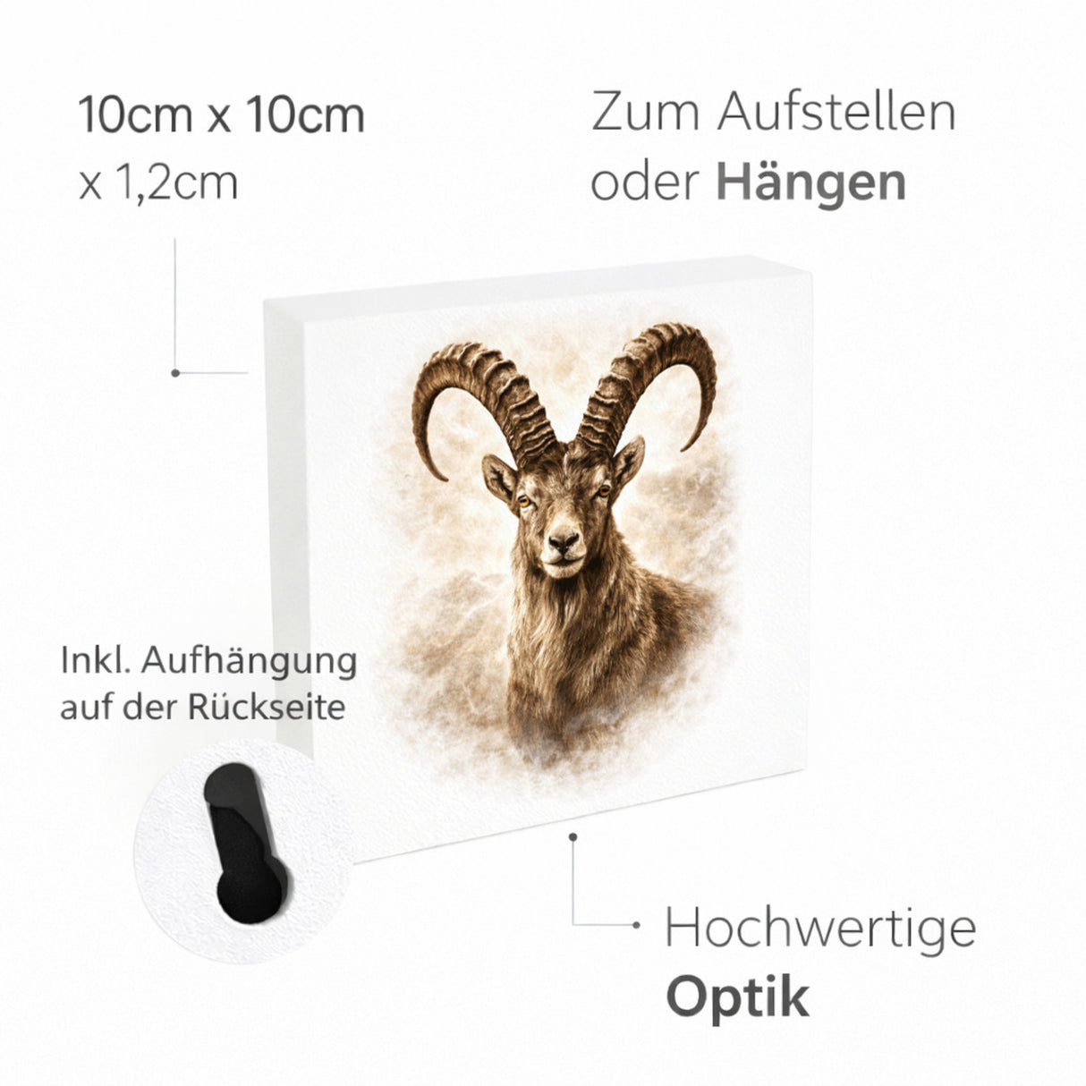 Wild and Free Steinbock Porträt Holzbild in 10x10 cm zum Stellen oder Aufhängen