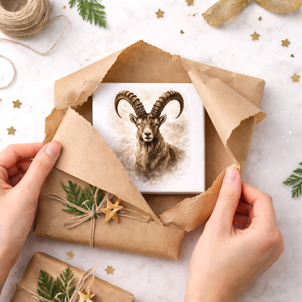 Wild and Free Steinbock Porträt Holzbild in 10x10 cm zum Stellen oder Aufhängen
