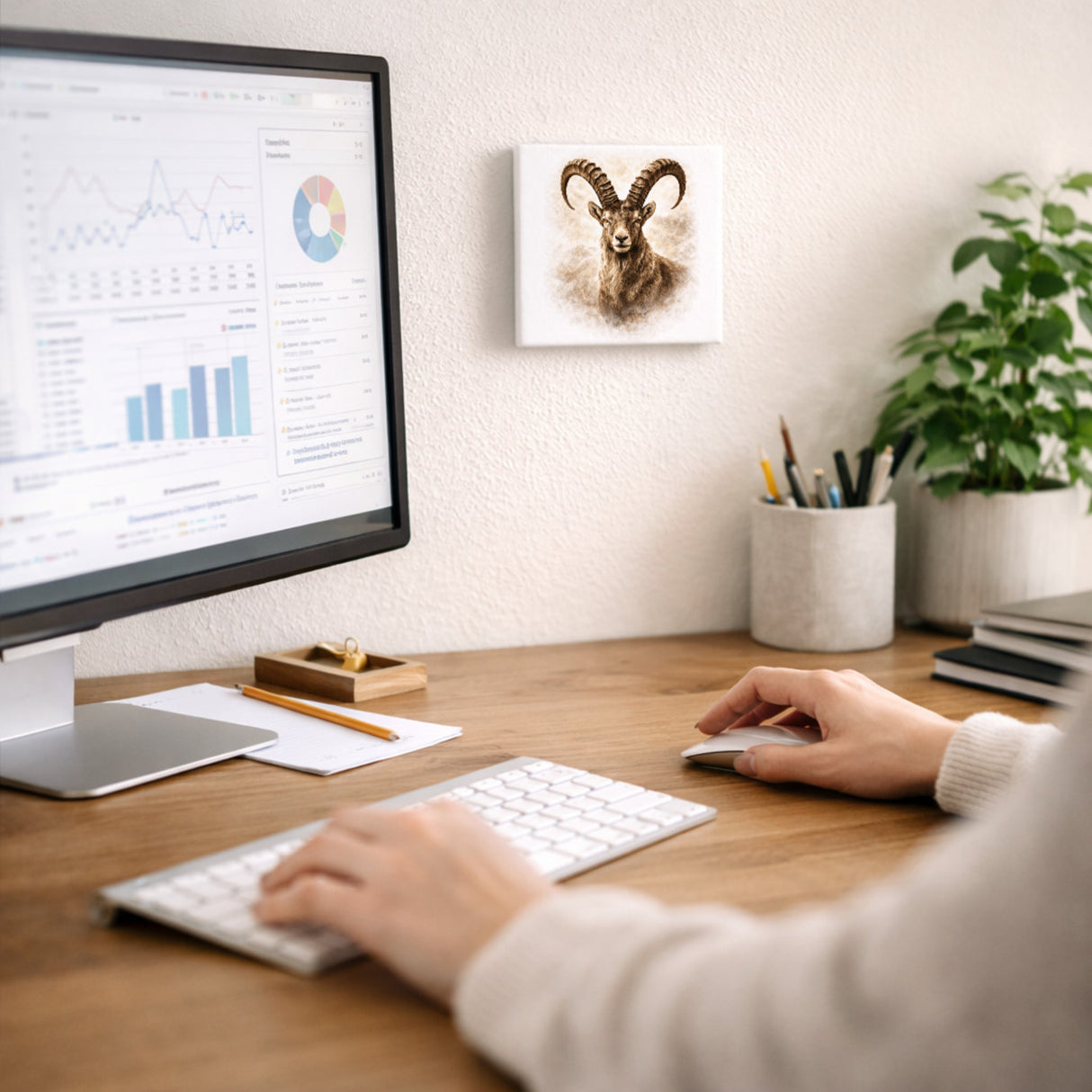 Wild and Free Steinbock Porträt Holzbild in 10x10 cm zum Stellen oder Aufhängen