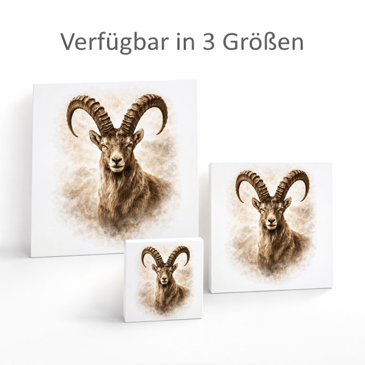 Wild and Free Steinbock Porträt Holzbild in 10x10 cm zum Stellen oder Aufhängen