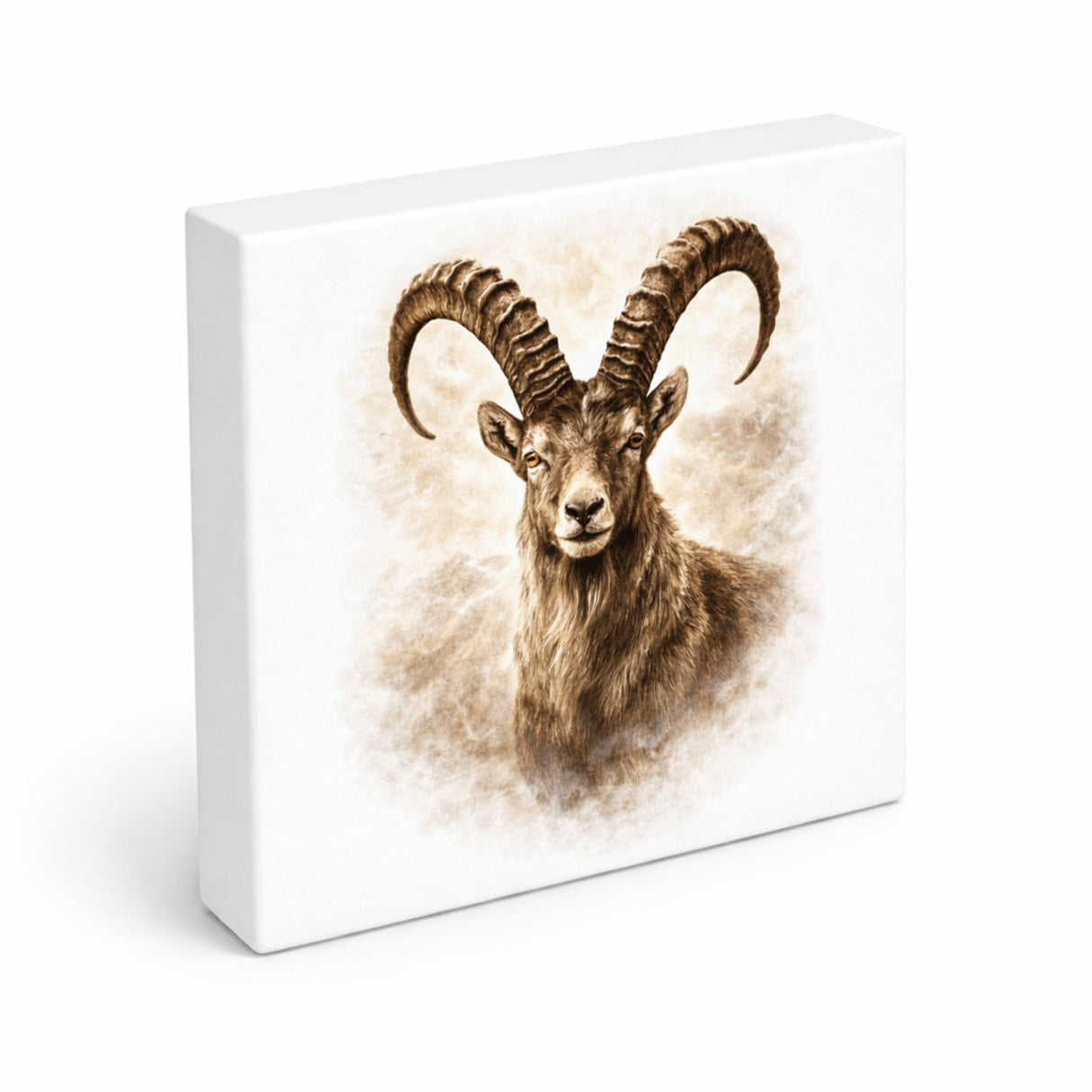 Wild and Free Steinbock Porträt Holzbild in 10x10 cm zum Stellen oder Aufhängen