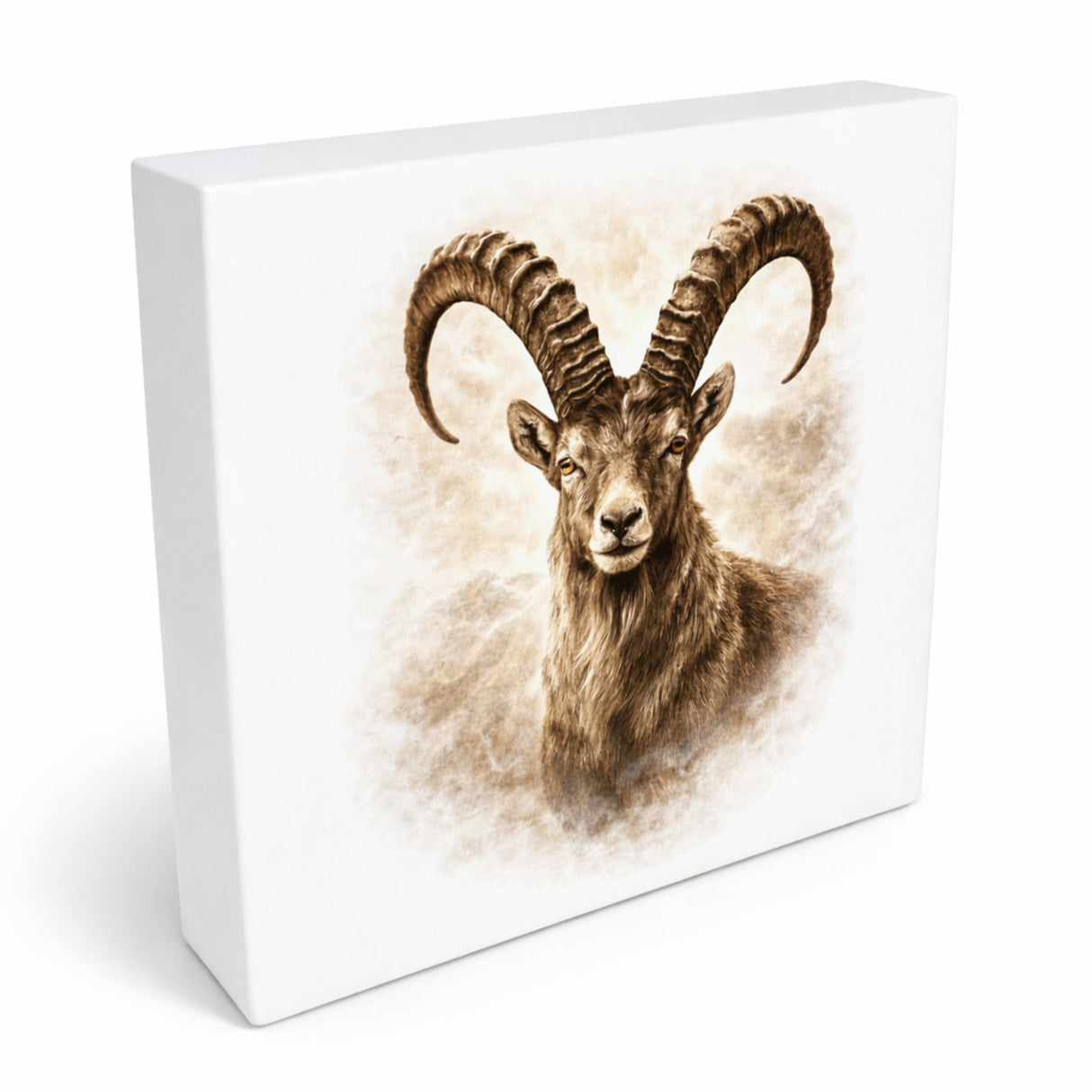 Wild and Free Steinbock Porträt Holzbild in 10x10 cm zum Stellen oder Aufhängen