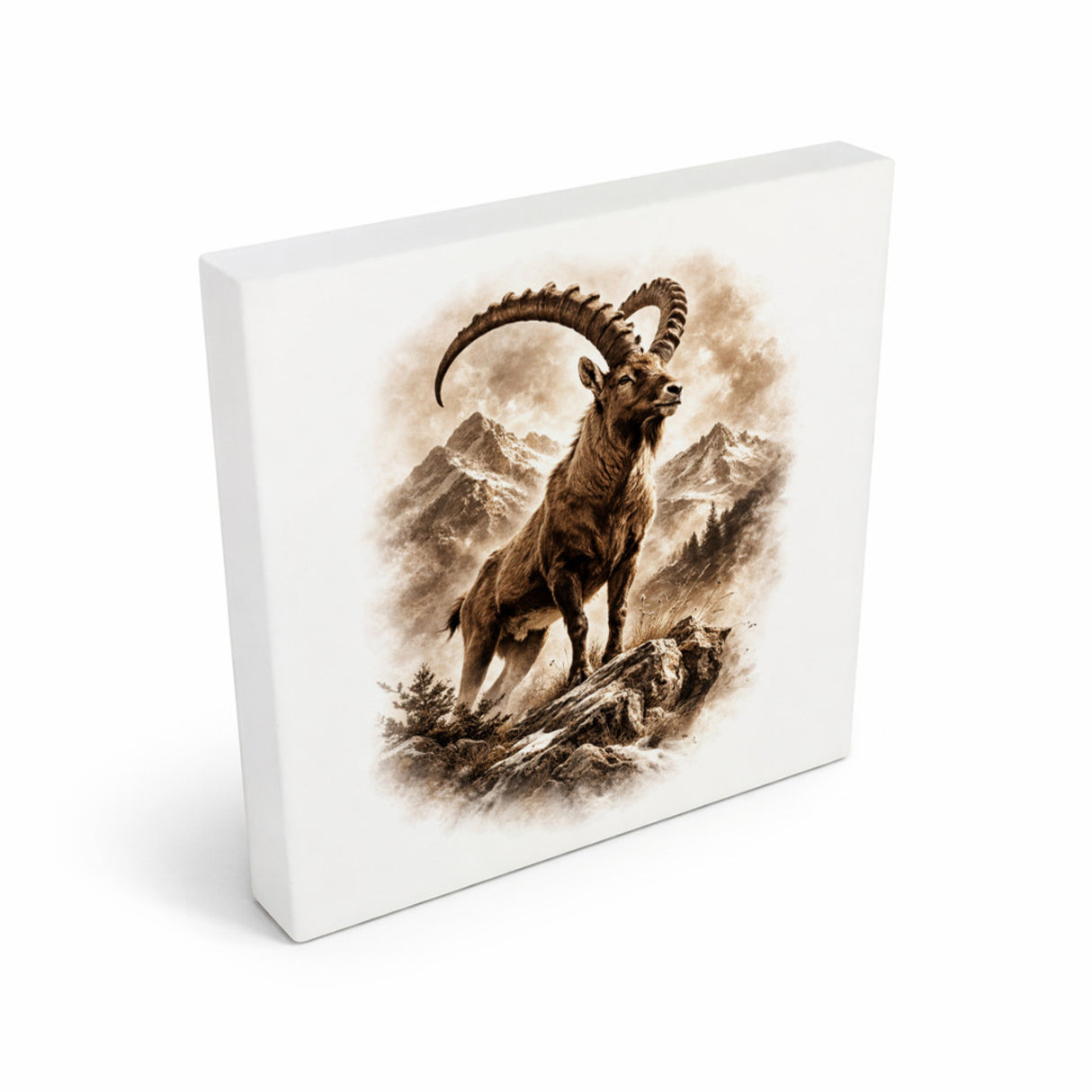 Wild and Free Steinbock Berge Holzbild in 10x10 cm zum Stellen oder Aufhängen