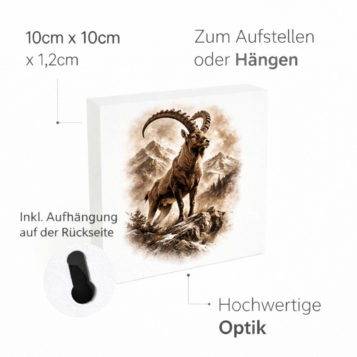 Wild and Free Steinbock Berge Holzbild in 10x10 cm zum Stellen oder Aufhängen