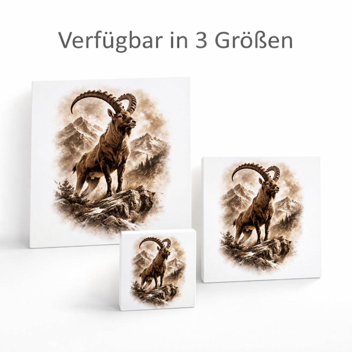 Wild and Free Steinbock Berge Holzbild in 10x10 cm zum Stellen oder Aufhängen