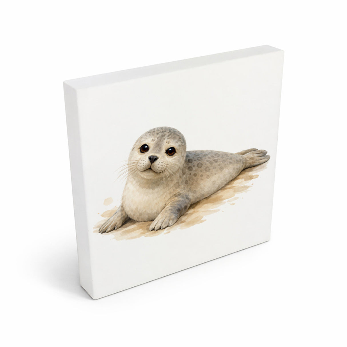 Robben Charme Robbe Aquarell Holzbild in 10x10 cm zum Stellen oder Aufhängen