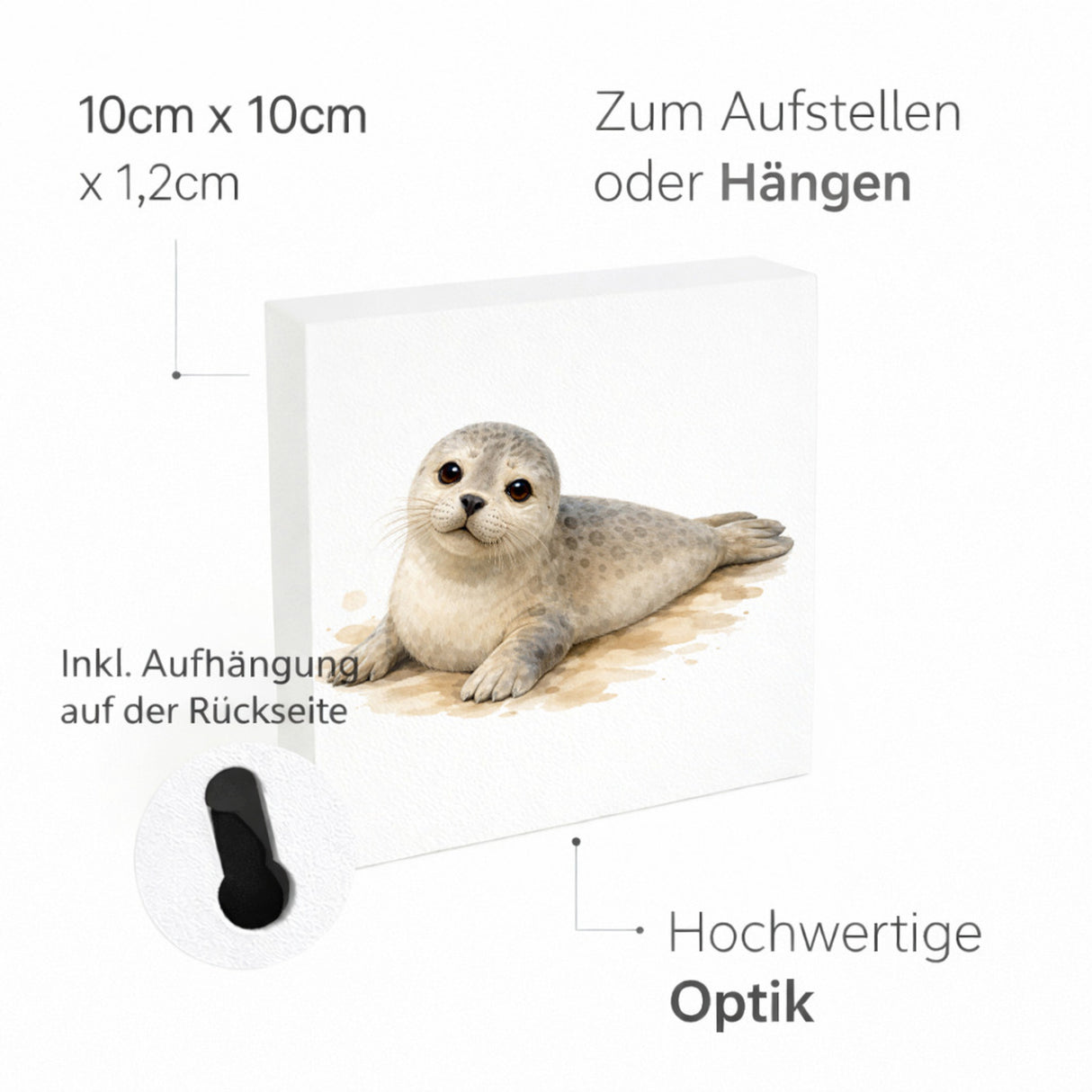 Robben Charme Robbe Aquarell Holzbild in 10x10 cm zum Stellen oder Aufhängen