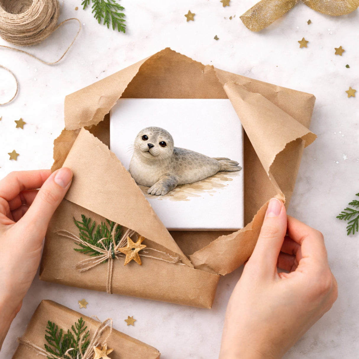 Robben Charme Robbe Aquarell Holzbild in 10x10 cm zum Stellen oder Aufhängen