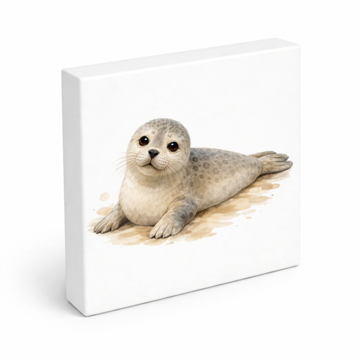 Robben Charme Robbe Aquarell Holzbild in 10x10 cm zum Stellen oder Aufhängen