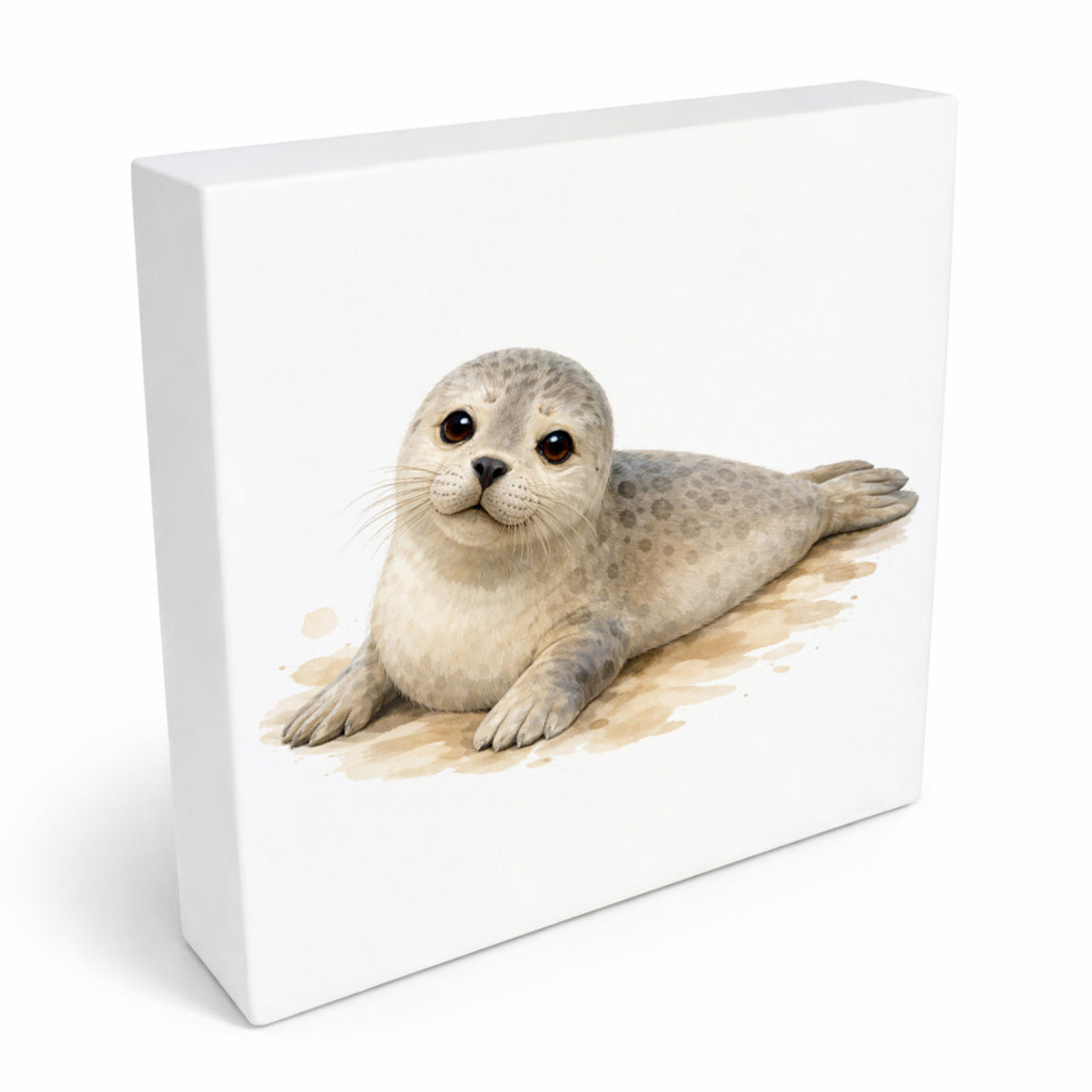 Robben Charme Robbe Aquarell Holzbild in 10x10 cm zum Stellen oder Aufhängen